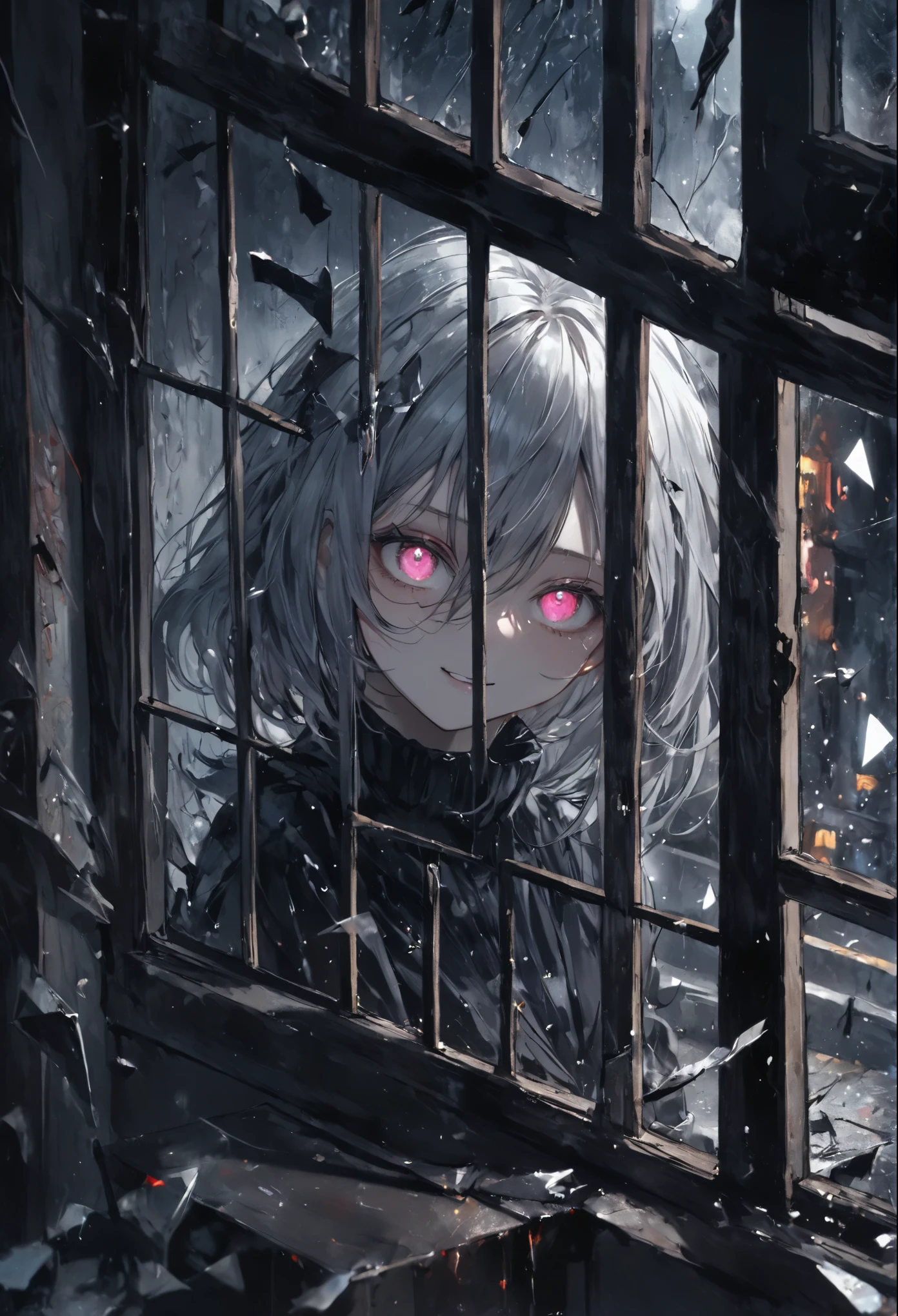 (masterpiece, Best Quality,  bright colors,  It features  ,  dynamic lighting from multiple angles) ,dark gothic,Horror The silver-haired girl,girl focus, desolate prison,full body, has a dangerous expression on her face ,  twisted smile as dark clouds gather outside .  the wind blows through a broken window ,  scatters debris around her ,  adds chaotic movement .  The vivid silver theme stands out in the dark, Dark Environment,  creates a sense of tension and an ominous atmosphere .