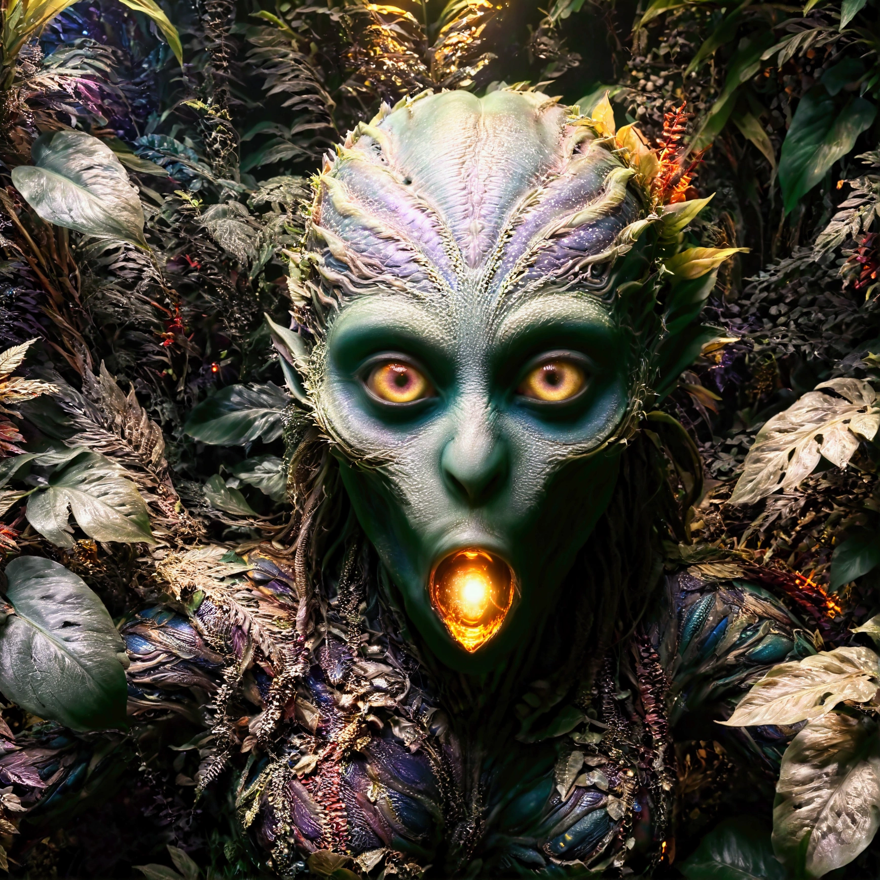 a mystical fantasy creature from another planet sitting in alien jungles, looking at the viewer, detailed eyes, detailed face, extremely detailed, hyperrealistic, cinematic lighting, vibrant colors, 8k, photorealistic, masterpiece, intricate, highly detailed, cinematic, dramatic composition, dramatic lighting, otherworldly, enigmatic, alien foliage, exotic plants, glowing eyes, surreal, fantastical