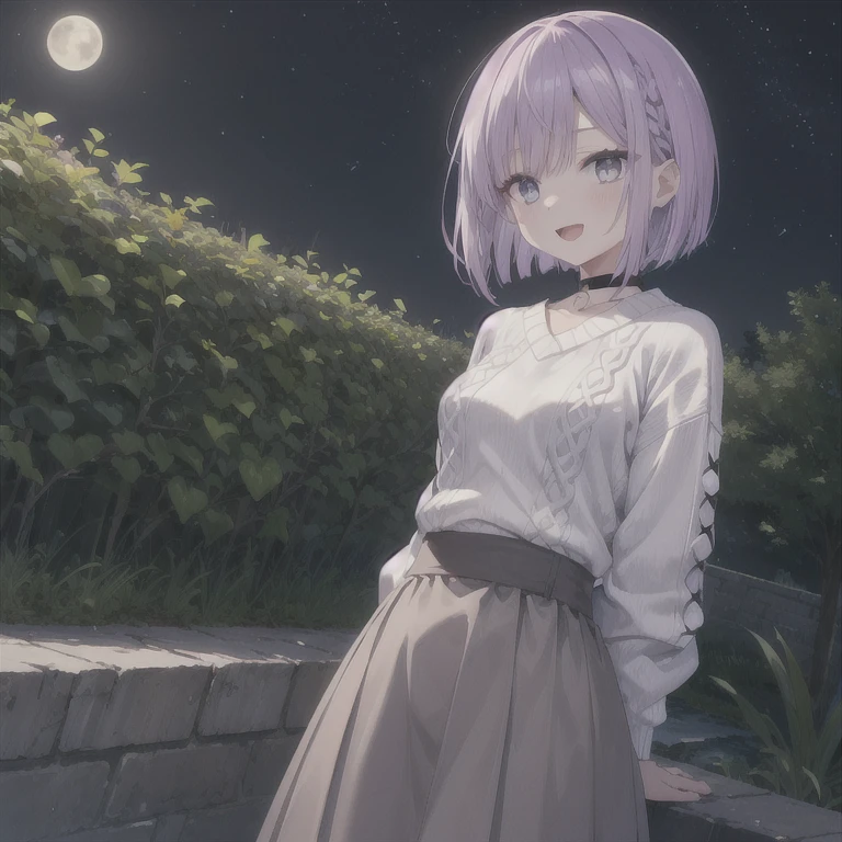  1 girl, ((Purple Hair)),Bob Hair,  medium breasts,(White sweater:1.4), perfect knit sweater , grey skirt , black choker,Black belt,Slanted Eyes,Light purple eyes, Blushing ,  open your mouth ,smile, seductive smiles from all around,Looking up, is standing,Arms folded behind back,Look in from an angle,Bend your waist,slouch, Hi-Res,  simple background, garden,night,The moon is out,Best Quality,  anatomically correct, masterpiece, 