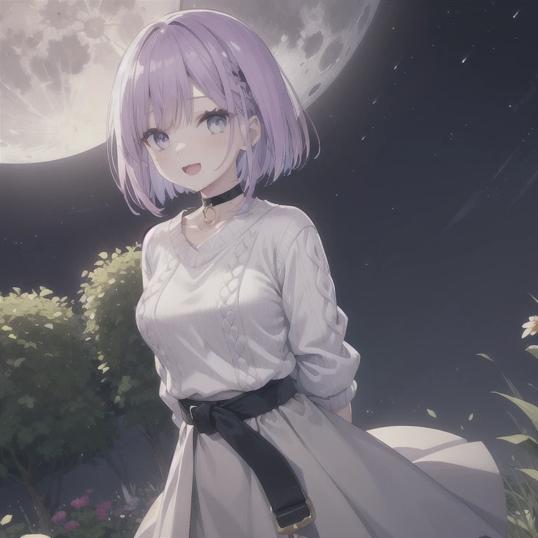  1 girl, ((Purple Hair)),Bob Hair,  medium breasts,(White sweater:1.4), perfect knit sweater , grey skirt , black choker,Black belt,Slanted Eyes,Light purple eyes, Blushing ,  open your mouth ,smile, seductive smiles from all around,Looking up, is standing,Arms folded behind back,Look in from an angle,Bend your waist,slouch, Hi-Res,  simple background, garden,night,The moon is out,Best Quality,  anatomically correct, masterpiece, 