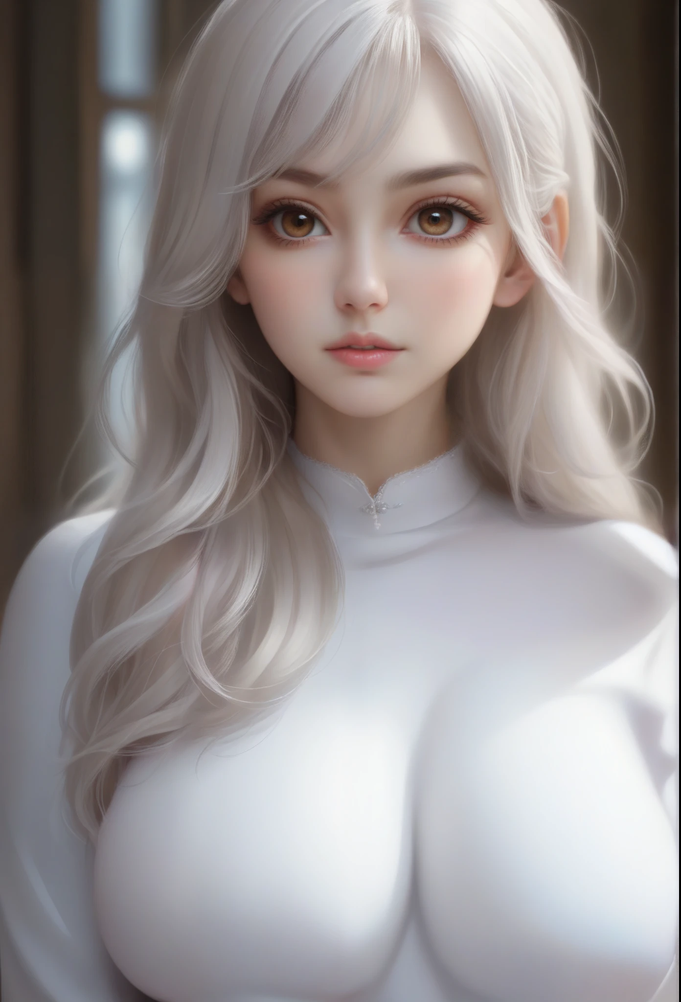 (hyperrealistic), (illustration), (high resolution), (8K), (extremely detailed), (best illustration), (beautiful detailed eyes), (best quality), (ultra-detailed), (masterpiece), (wallpaper), (photorealistic), (natural light), (detailed face), (high detailed realistic skin texture), (anatomically correct), (solo), (1 girl:1.52), (high detailed realistic hair), (white hair:1.35), (heterochromic eyes), (detailed eyes), (brown eyes:1.37), (sparkling eyes), (realistic huge breasts:1.53), (slender abs), (dynamic pose), (closed tiny mouth:1.3), (concentrated expression), (upon body from head to thigh:1.54), (dimple:1.34)