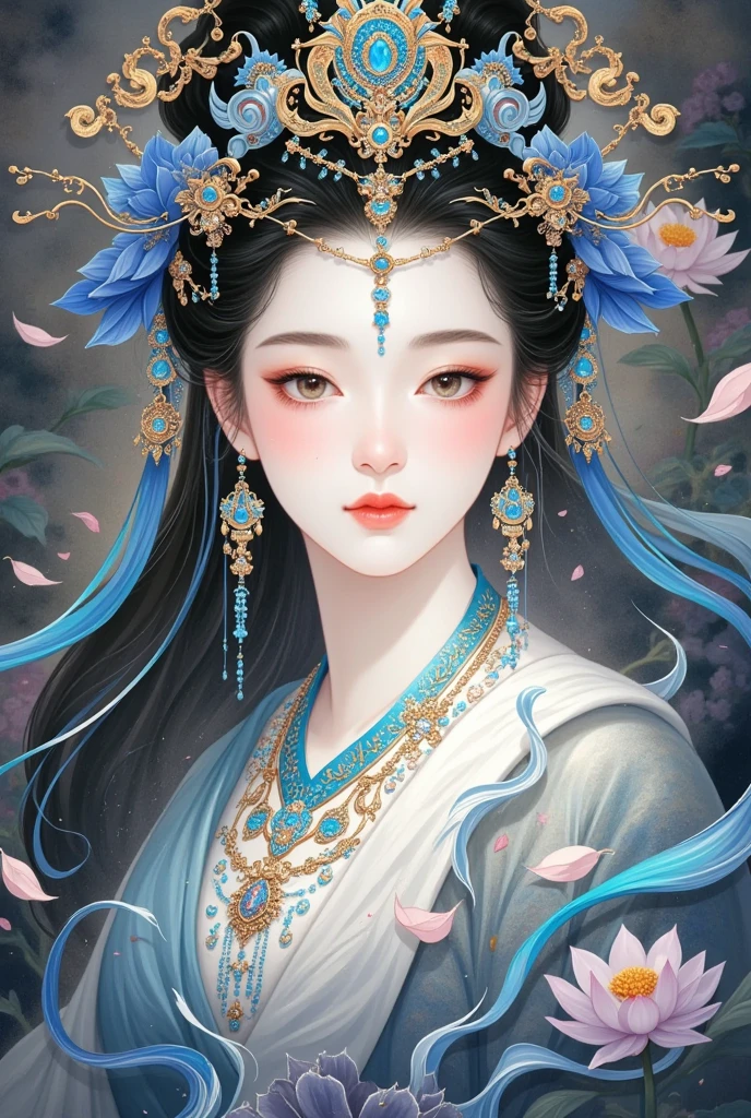 A painting of a woman wearing a crown, An extremely detailed painting inspired by Qiu Ying , ArtStation, Cloisonnism,  Ancient Chinese goddess  ,  Queen of the Sea Mu Yanling , win of the southern seas, The Queen of China , win,  A beautiful fantasy queen ,  ancient Chinese art style , Stunning Portrait of a Goddess 