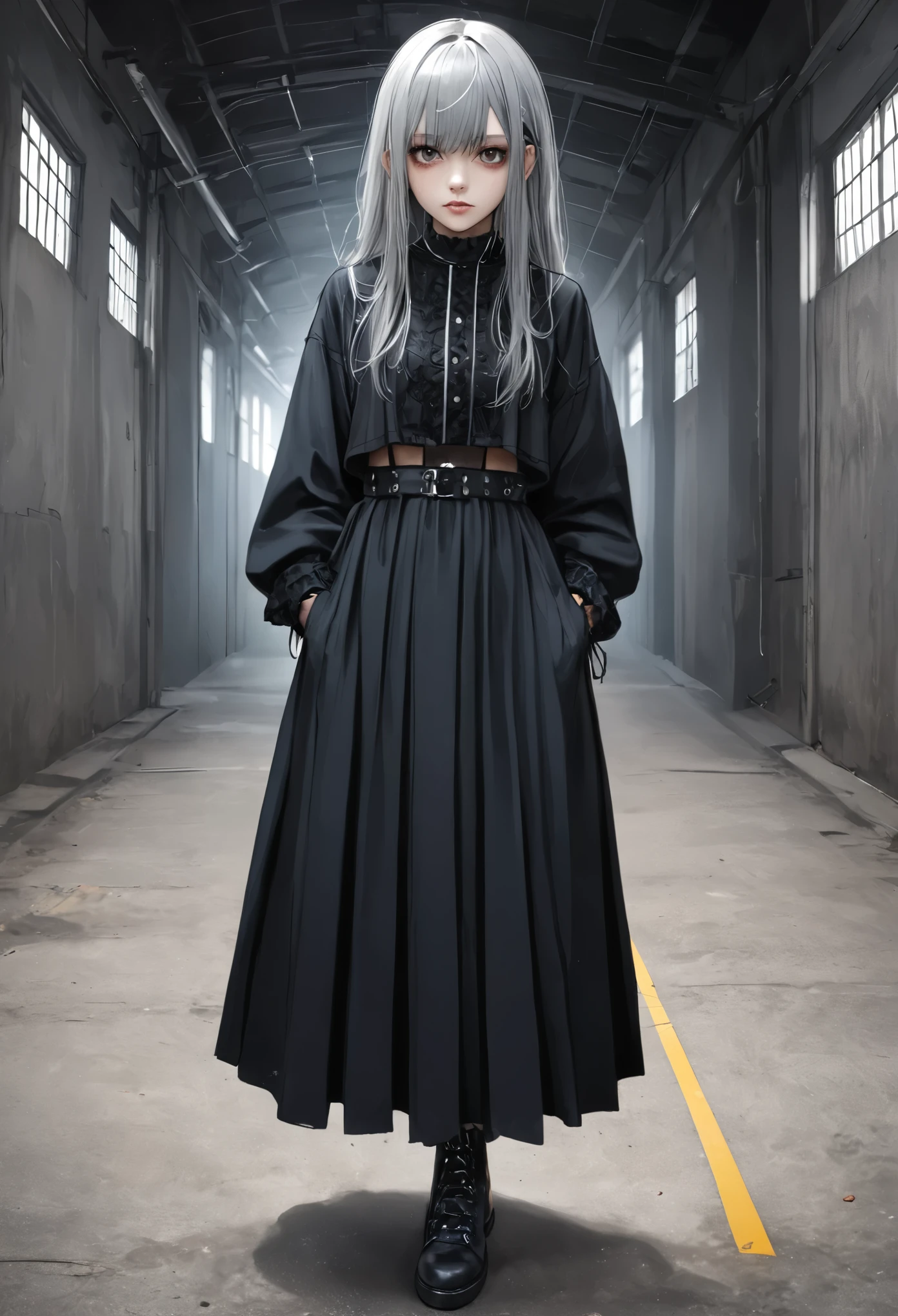 (masterpiece, Best Quality,dark gothic,silver hair girl,girl focus,full body,dangerous expression, desolate prison