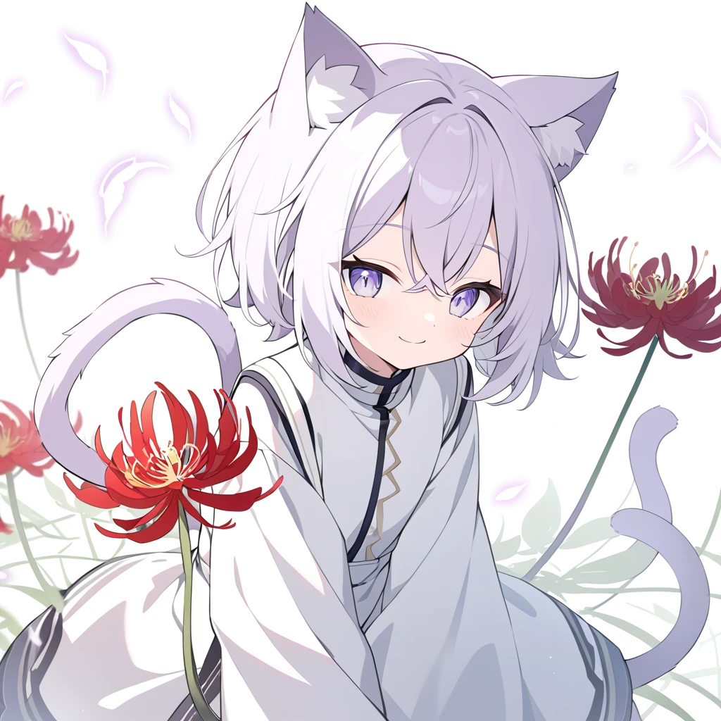 Nekomata
high resolution
solos
Beautiful young man
neutral
cute
white
white hair
gray hair
pure white hair
Long clothes
Sarecaceae
silvery eyes
2 cat tails
cat ear
cat's mouth
White spider lily
smiling
