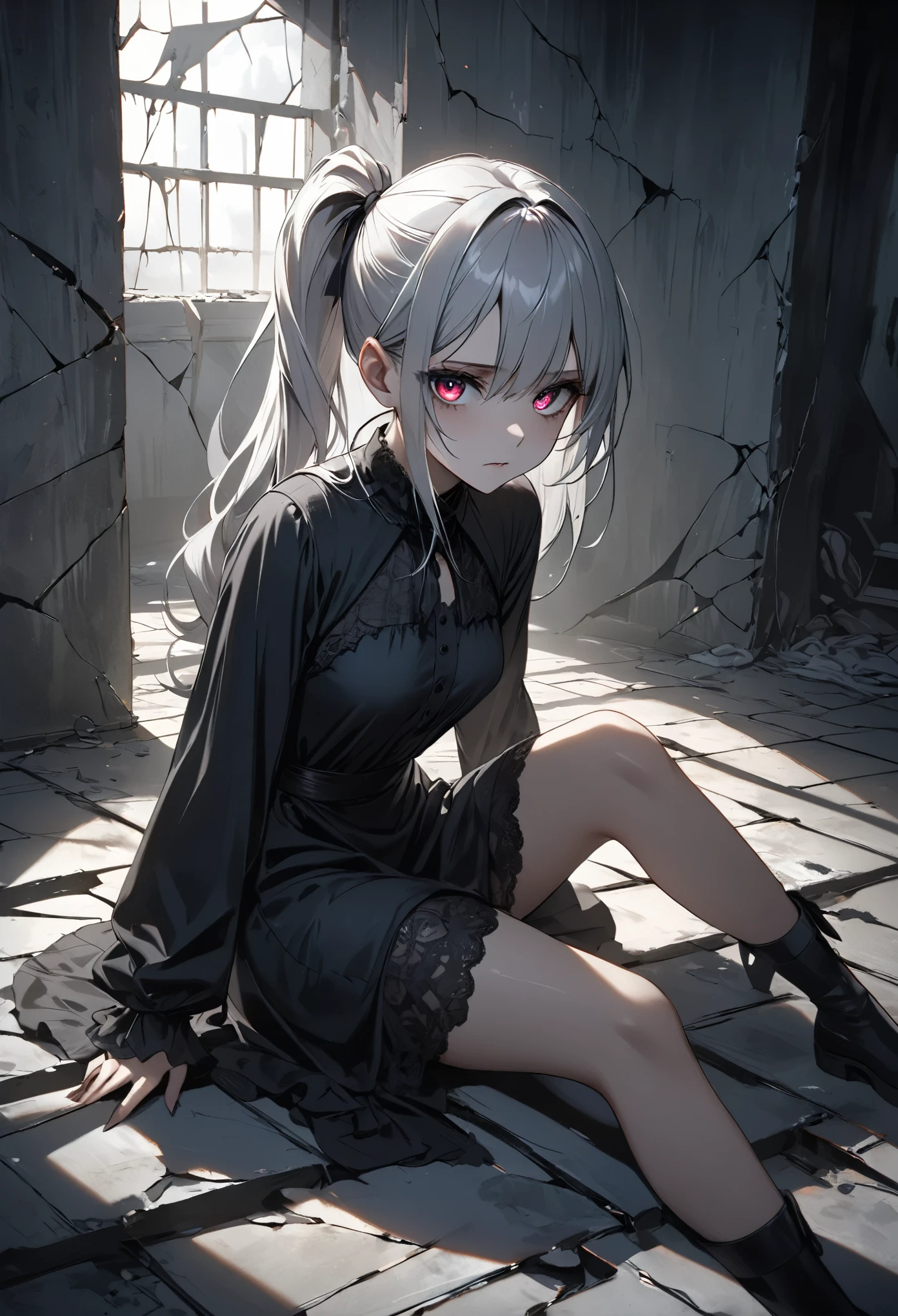 masterpiece, best quality, 8k, highres, ultra-detailed, HDR, UHD, ultra-fine painting,ghostly girl,silver hair, (side pony tail hair),dark gothic, sitting,fullbody,girl focus,glowing dark eyes, sitting on broken bed, black dress flowing, faint mist surrounding her, ominous and unsettling expression, cracked walls and floor, desolate prison, dim lighting, eerie atmosphere, soft light casting shadows, dark and mysterious mood, horror theme, supernatural presence, intense focus on her face and eyes