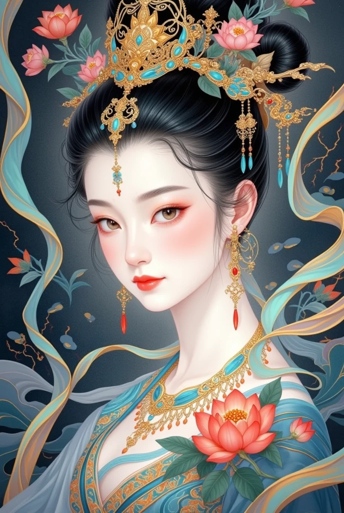 A painting of a woman wearing a crown,  high bun，An extremely detailed painting inspired by Qiu Ying , ArtStation, Cloisonnism,  Ancient Chinese goddess  ,  Queen of the Sea Mu Yanling , win of the southern seas, The Queen of China , win,  A beautiful fantasy queen ,  ancient Chinese art style , Stunning Portrait of a Goddess 