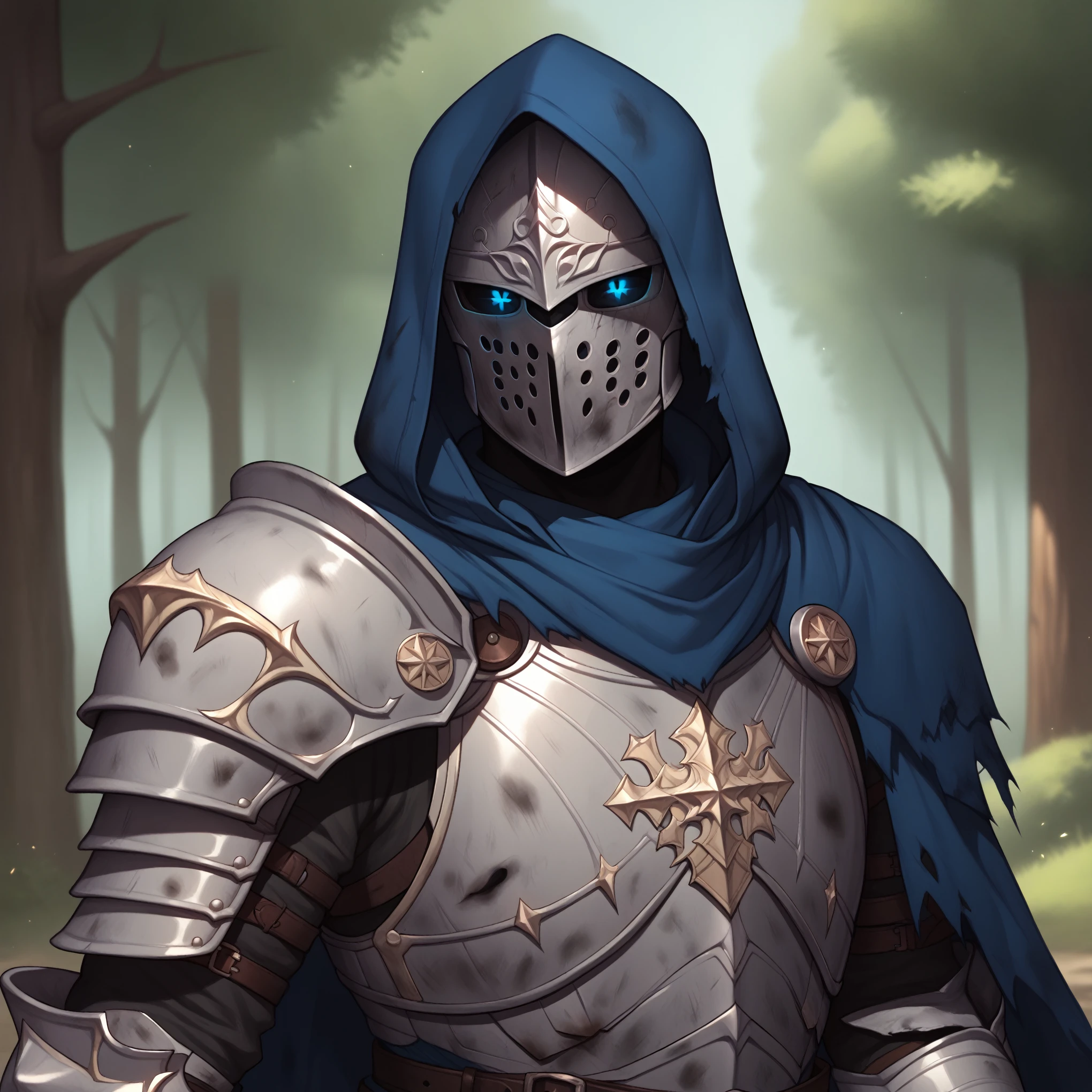 (((beautiful, high quality))), score_9, score_8_up, score_7_up, BREAK, arm0rs3nt1n3l, templar, solo, looking at viewer, 1boy, blue glowing eyes, black sclera, holding, standing, upper body, belt, hood, cape, armor, torn clothes, helmet, hood up, pauldrons, sheathed, breastplate, knight, full armor, dirty, dusty, solo, portrait, upper body, portrait, forest background, fantasy, blurred background, Expressiveh, detailxl