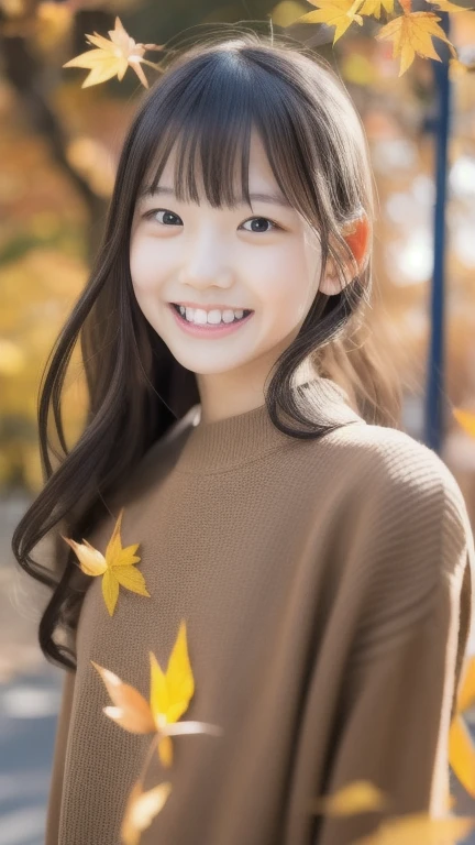 japanese girl, High resolution, 8K, 1 girl, young female living in Japan, slim, modeled, shiny chestnut hair, medium hair, detailed face, beautiful and detailed eyes, glowing skin,
(sweater),  beautiful, autumn, autumn leaves,  ,withered tree, (Golden leaves flutter),  light shines, outdoor, (dynamic pose:0.8), film grain, soft lighting, Wind,  looking at the viewer, shy smile