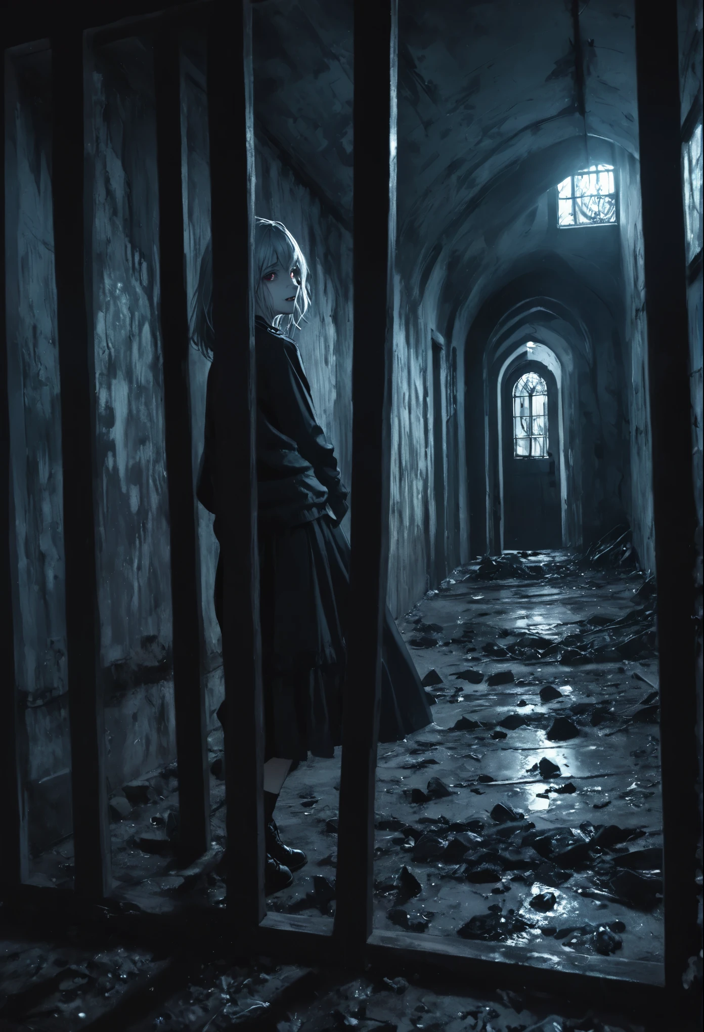 (masterpiece, Best Quality,  bright colors,  It features  ,  dynamic lighting from multiple angles) ,dark gothic,Horror The silver-haired girl,girl focus, desolate prison,in the room,full body, has a dangerous expression on her face ,  twisted smile as dark clouds gather outside .  the wind blows through a broken window ,  scatters debris around her ,  adds chaotic movement .  The vivid silver theme stands out in the dark, Dark Environment,  creates a sense of tension and an ominous atmosphere .