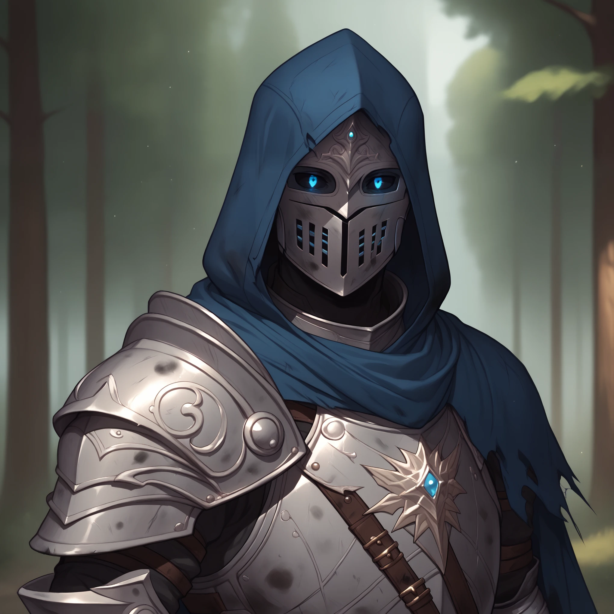 (((beautiful, high quality))), score_9, score_8_up, score_7_up, BREAK, arm0rs3nt1n3l, templar, solo, looking at viewer, 1boy, blue glowing eyes, black sclera, holding, standing, upper body, belt, hood, cape, armor, torn clothes, helmet, hood up, pauldrons, sheathed, breastplate, knight, full armor, dirty, dusty, solo, portrait, upper body, portrait, forest background, fantasy, blurred background, Expressiveh, detailxl