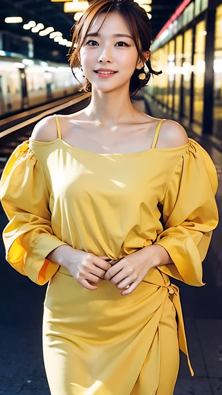 Top quality, one beautiful woman, yellow long blouse erect nipples,age 30,35mm lens, f/1, inside a train station,Walking figure facing front,