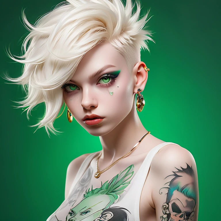 
 Portrait of a cute Russian boy in the style of Alberto Seveso , best quality , Super detailed,   Photorealistic  , white colors, albino, punk boy , school heartthrob !  detailed eyes,  upper body hoop earrings, Luxurious Punk Hair, Avant-garde punk fashion, Avant-garde makeup,   several piercings  ,  Gold jewelry ,Heavily tattooed body, 3D Colored Tattoos, Abstract background,  backlight  effect,  shallow depth of field , green background" meticulous,  analog style , emphasis on the eyes,  top quality,  very detailed skin,  photos of a very beautiful Russian punk , perfectly cute face , skin pores,  penetration  , green background, hips ,  clear focus , grainy lighting,  backlight  ,high film grain, сфотографирован камерой Sony A7R IV, 18мм F/1.7 cinema lenses,  very detailed, detailed finish , 8 thousand., HDR, front view,  upper body hoop earrings .