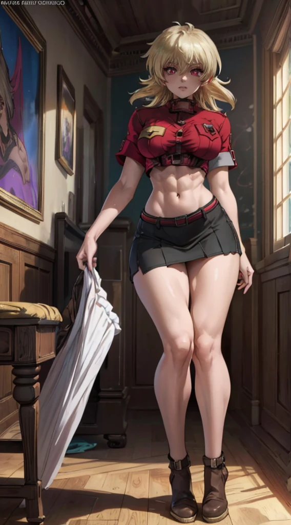 ((((((full body , full shot))))) ((dynamic pose)) (masterpiece, highest quality,red eyes, vampire fans, best quality, official art, beautiful and aesthetic: 1.2), (1girl), extremely detailed, (fractal art: 1.3), highest detail, HDR, ), vivid visual effects, (dynamic stripes, luminous traces: 1.2), abs, muscular, Face out of shot, Detailed face, Detailed eyes, perfect face, perfect eyes, seras, skirt, exposed thighs