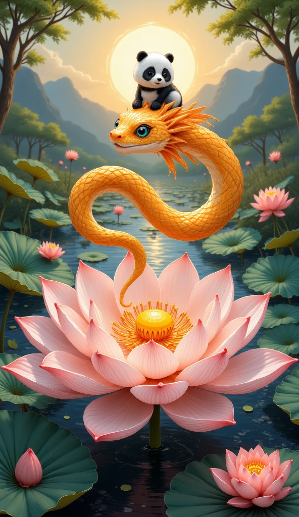 The world of felt，Ink wind background, Felt bridge flowing water ， Felt landscape ，A huge lotus flower ， Soft golden glow ， A Q version of a young snake is revealed on the huge lotus core， Plush velvet is cute ， Plush golden felt-textured scales ，Gradient gold ， Light gray textured little belly ， Large, round eyes that radiate emerald green and soft light ， Pure spiritual eyes ， Full of wisdom and wisdom about the surroundings State ， A felt panda stands on the side with its paws sticking out and rests on top of a young snake's head， blockbuster cinematic perspective ， interlaced light and shadow ，High resolution reveals details， Extreme Details ，Super Resolution，Image Quality， octane rendering ，Global Illumination