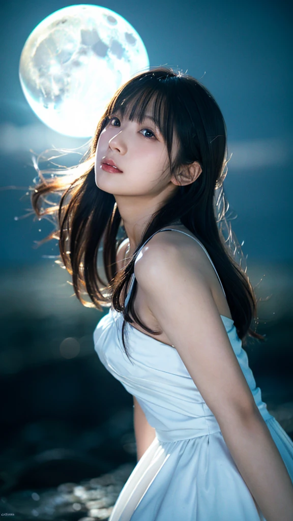 (highest quality,masterpiece:1.3,ultra high resolution),(Super detailed,caustics,8k),(photorealistic:1.4,RAW shooting),(night),(Night Sky),(starry sky),(full moon),(beach),(A girl looking up at the full moon),sit,20-year-old,cute,Japanese,black long hair,strong wind,(hair blowing in the wind),(white blouse),(big breasts),Natural light,moonlight,(side shot),(bust up shot),(low position),(Low - Angle)