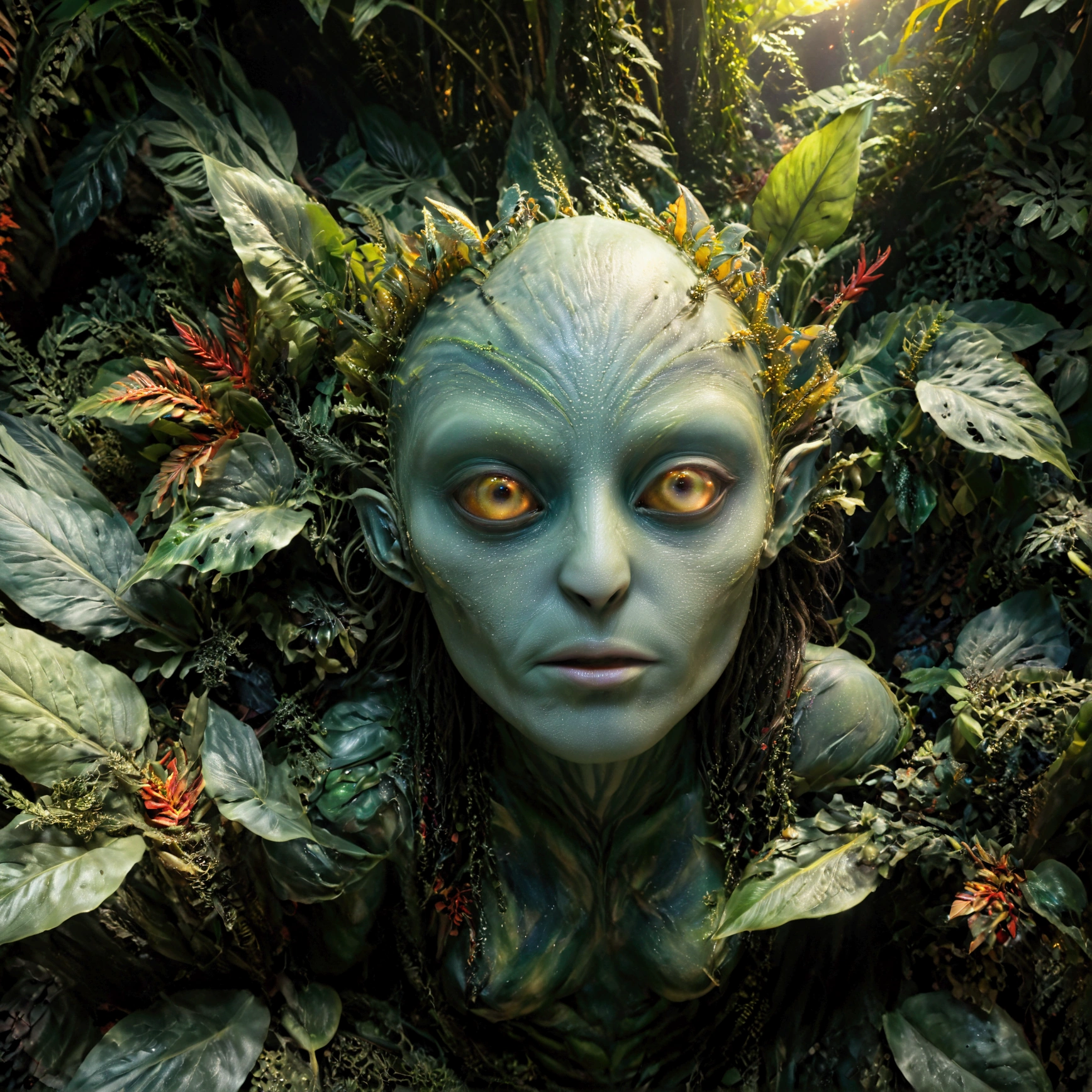 a mystical fantasy creature from another planet sitting in alien jungles, looking at the viewer, detailed eyes, detailed face, extremely detailed, hyperrealistic, cinematic lighting, vibrant colors, 8k, photorealistic, masterpiece, intricate, highly detailed, cinematic, dramatic composition, dramatic lighting, otherworldly, enigmatic, alien foliage, exotic plants, glowing eyes, surreal, fantastical