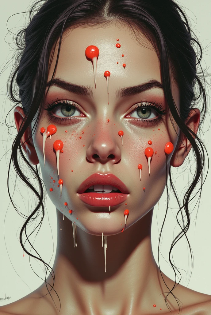 There is a woman with blood on her face and a red paint on her face, stunning digital illustration, inspirado em Yanjun Cheng, pintura detalhada 4K, Lois Ross, bela arte digital, Arte digital realista 4K, Arte digital realista 4K, Beautiful digital illustration, pale woman covered with blood, Directed by: Russell Dongjun Lu, gotejamento da pele