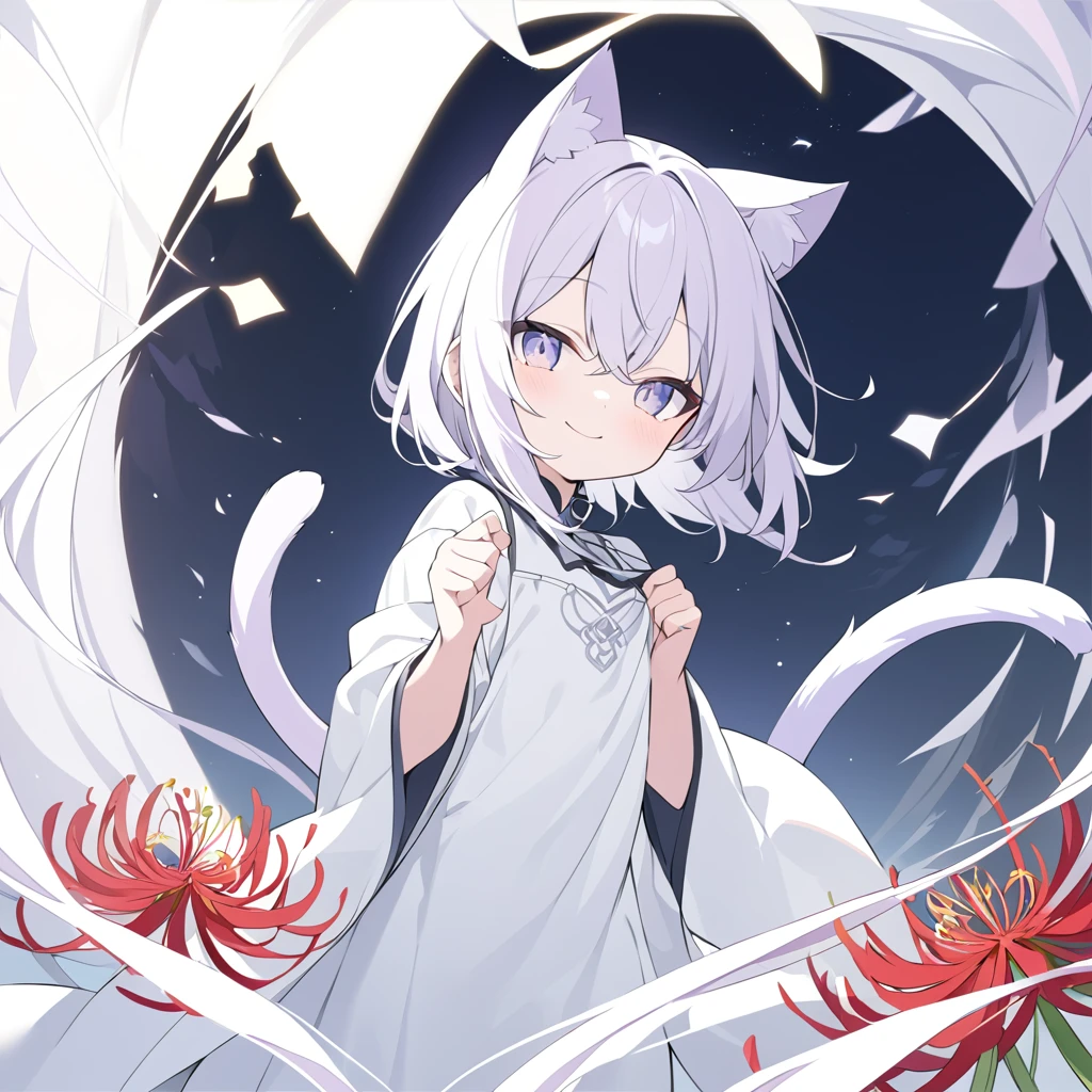 Nekomata
high resolution
solos
Beautiful young man
neutral
cute
white
white hair
gray hair
pure white hair
Long clothes
Sarecaceae
silvery eyes
2 cat tails
cat ear
cat's mouth
White spider lily
smiling
