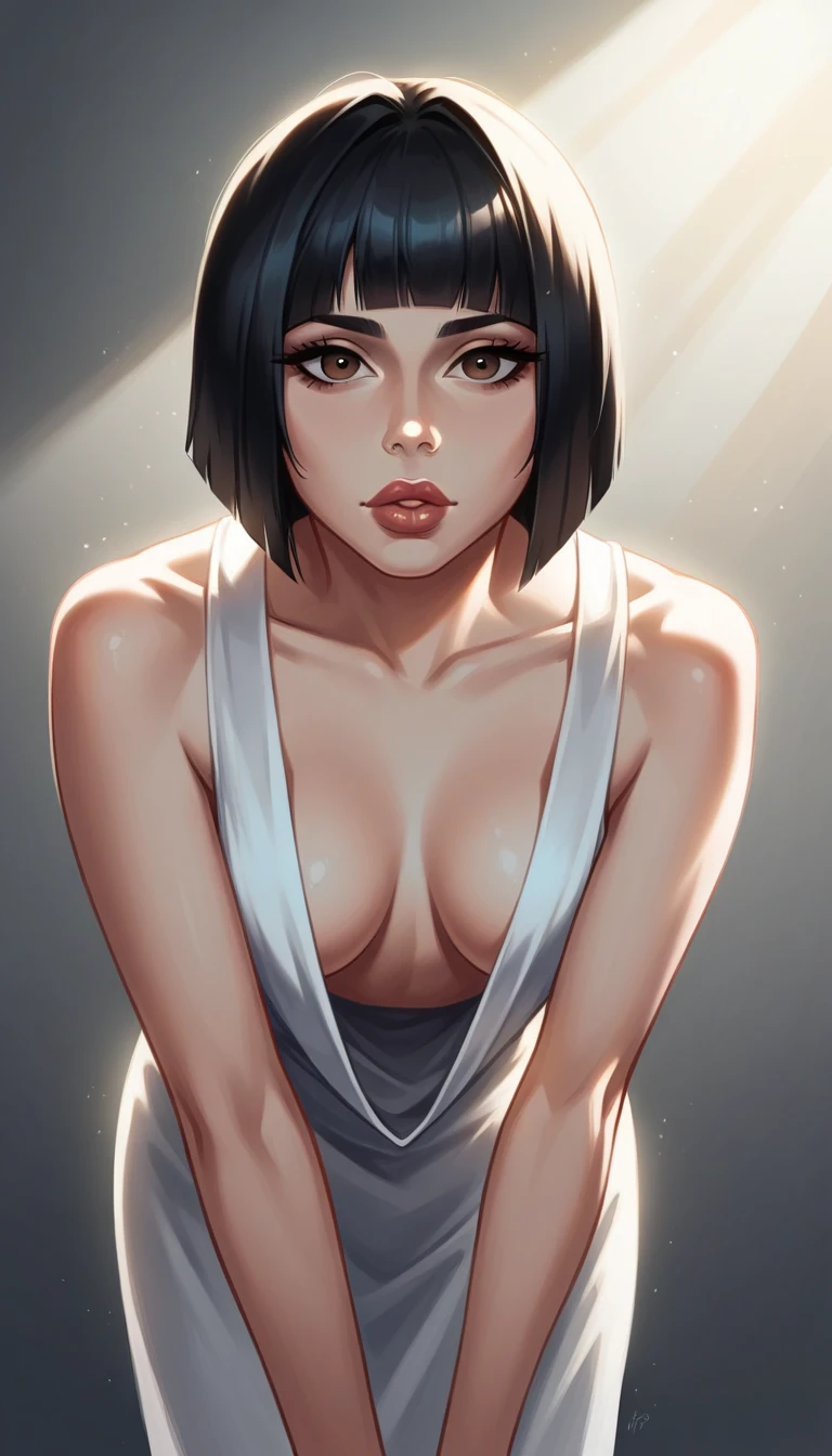 {artist_pigeon666][artist_ask_askzy] anime style, High_contrast Perfect_lighting, nsfw, amazing quality, very aesthetic, highres, perfect anatomy, absurdres, shiny skin, dramatic lighting, best quality, amazing quality, very aesthetic, absurdres,1girl, realistic, realism, french woman, thick lips, brown eyes, black hair, bob cut, medium breasts, ultrarealistic skin, looking at viewer, downblouse, breasts apart, white dress, downblouse, leaning forward, nsfw, best quality, amazing quality, absurdres, intricate details, perfect lighting, illustration, webtoon, best quality, amazing quality, very aesthetic, absurdres