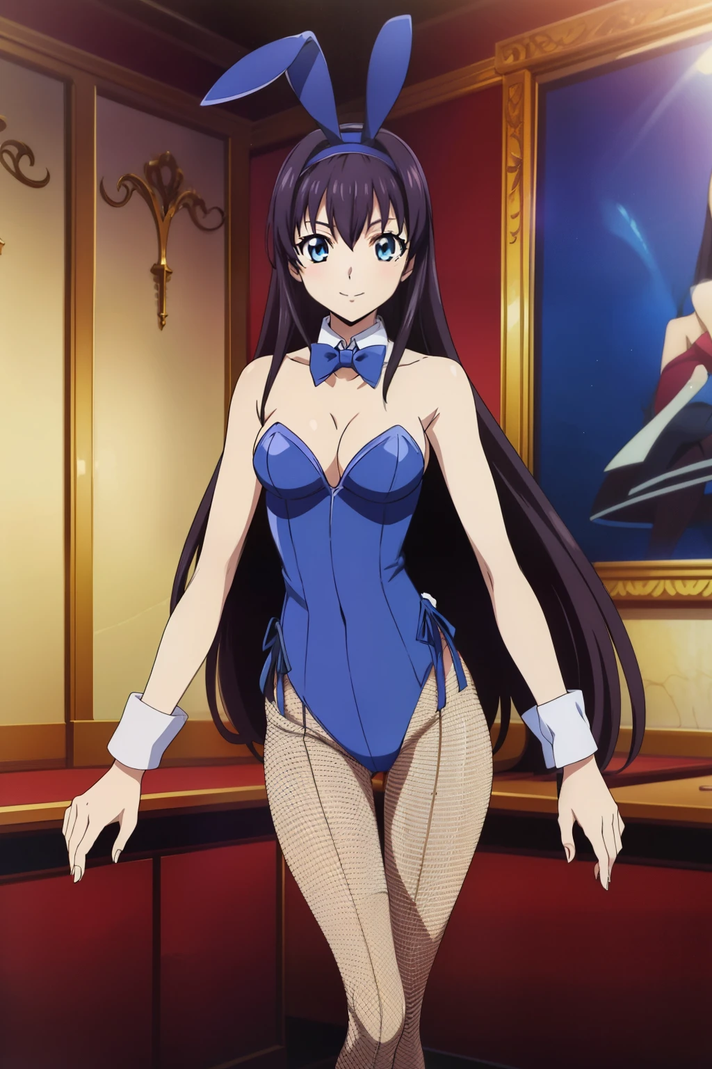 all fours, (((blue leather playboy bunny))), blue pantyhose, blue leotard, rabbit ears, blue bowtie, blue footwear, wrist cuffs, high heels, luxury room background, kanu unchou, anime cels style, best quality, high resolution, 1girl, (huge breasts:1.3), beautiful face, black hair, long hair, ((hair over one eye)), blue eye, navel, cowboy shot, puckered up lips