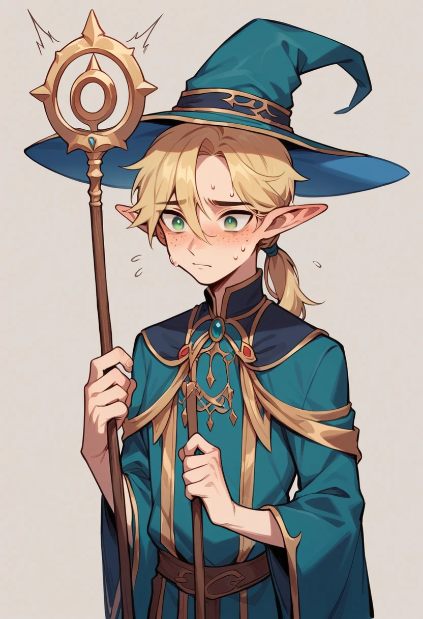 handsome muscular male witch with huge broom casting spells. Very tall black elf archer wearing beautiful elf outfit