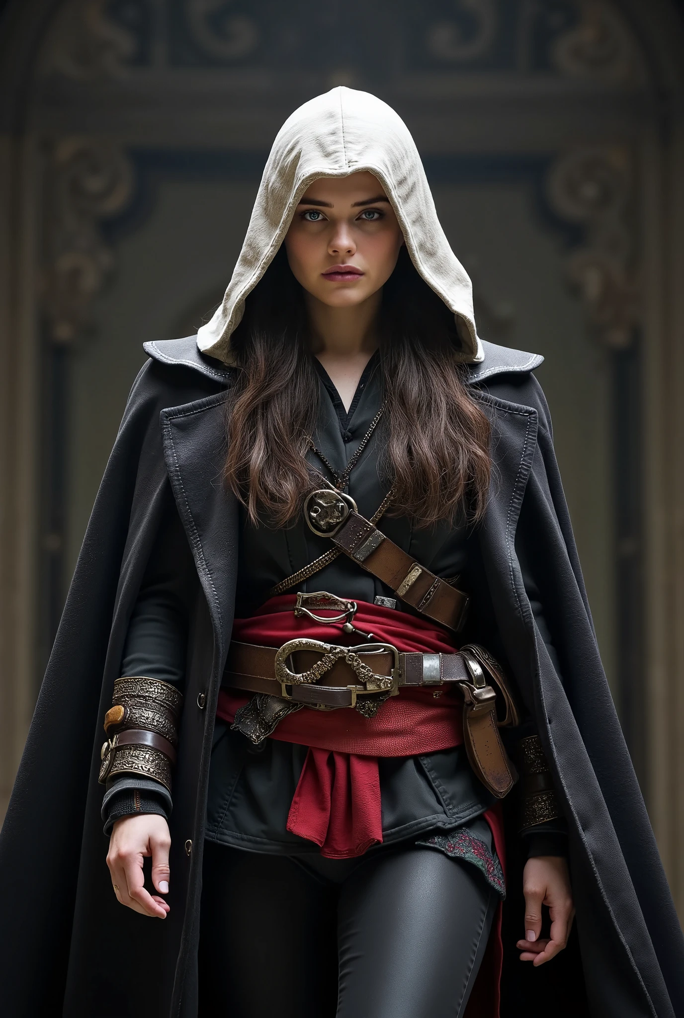 Katherine Langford wearing the assassin costume inspired by the game Assassins Creed 2