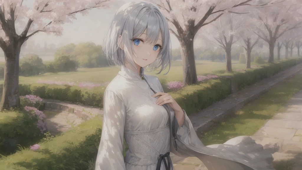 Ultra HD, viewers , and, 20 years old, 非常に short hair,  long bangs between eyes, Pale blue eyes,  very detailed,(masterpiece、Best Quality),Gray Hair、Laughter、 wonderful, Silver Hair, iris, Small face、明るいsmile、( detailed face) , professional lighting with falling leaves, wonderful風景,blue sky, sunlight,Portraiture、 open your mouth、、Her eyes were shining、 mysterious and enchanting atmosphere。AI Painting、andても short hair,  long bangs between eyes,  very detailed,(masterpiece、Best Quality)、Alone、Gray Hair、 Fantasy, Silver Hair,  Fantasyな風景、smile、 open your mouth、 short hair、hairpin、 beautiful eyes、 white hoodie、Anime Eyes、 best quality,  Hi-Res,  Unity 8K Wallpaper, (figure:0.8), ( beautiful eyes with attention to detail:1.6), 非常に detailed face,  full light,  very detailedなCG, (Perfect hands,  perfect anatomy),