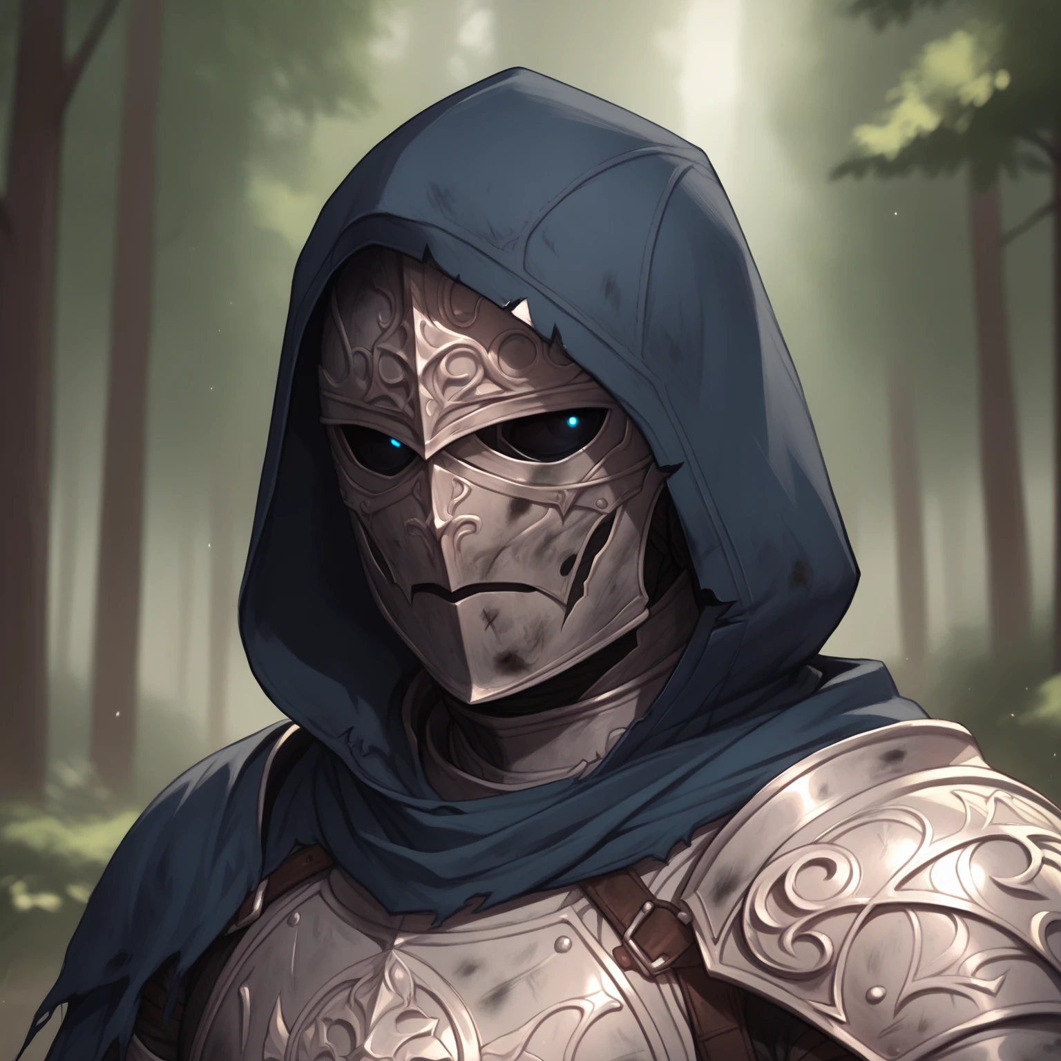 (((beautiful, high quality))), score_9, score_8_up, score_7_up, BREAK, arm0rs3nt1n3l, templar, solo, looking at viewer, 1boy, blue glowing eyes, black sclera, holding, standing, upper body, belt, hood, cape, armor, torn clothes, helmet, hood up, pauldrons, sheathed, breastplate, knight, full armor, dirty, dusty, solo, portrait, upper body, portrait, forest background, fantasy, blurred background, Expressiveh, detailxl