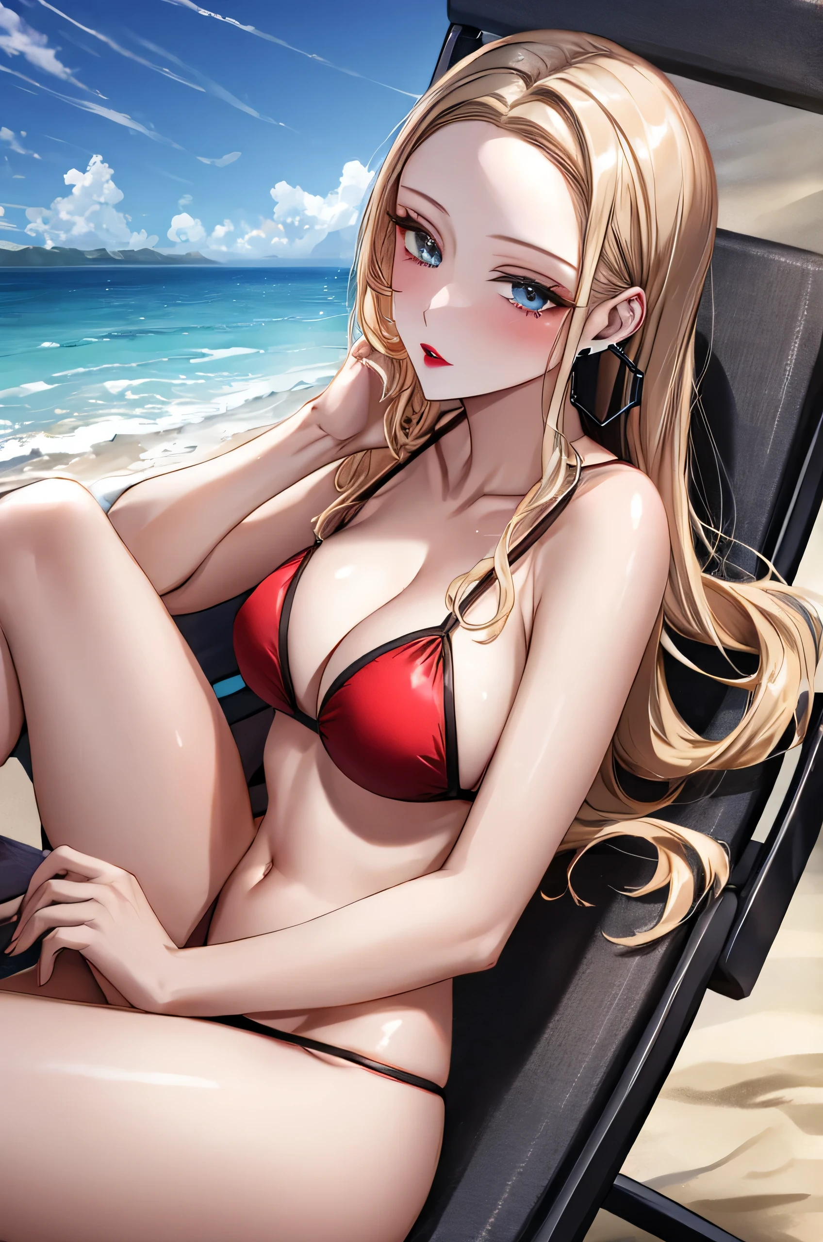 1girl, lying on back, lying on beach chair, crossed legs, facing viewer, from side, BREAK oleana, long hair, sidelocks, lipstick, hoop earrings, red bikini, (small breasts:0.8), BREAK detailed background, beach, blue sky, BREAK (best quality, masterpiece, UHD, ultra detailed), (beautiful face, shiny skin), (detailed eyes), (perfect anatomy), (professional lighting)