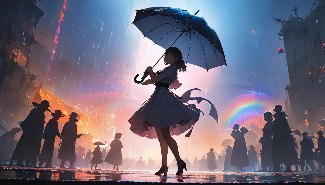 (Best Quality,8k, Hi-Res, masterpiece:1.2), Super detailed,  Hi-Res, 超 Hi-Res,  Studio Lighting , Ultra-fine painting,  sharp concentration, Physically-based rendering,   Extreme Detailed Explanation  , Professional,  Vivid Colors,   Concept Artist ,  warm color palette , Dramatic lighting,Pouring rain, Man Holding an Umbrella and Dancing , Rainbow in the sky, ( silhouette art )