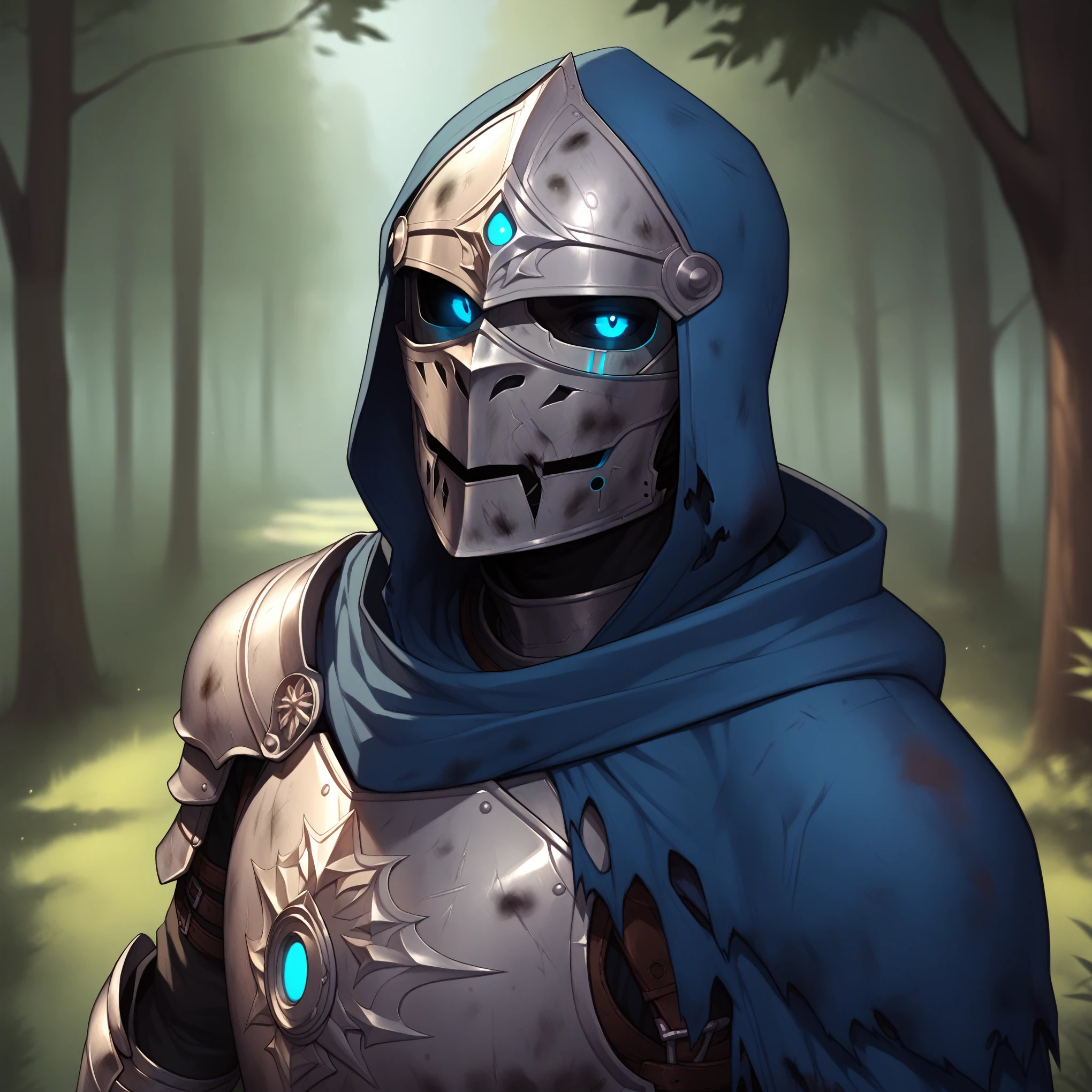 (((beautiful, high quality))), score_9, score_8_up, score_7_up, BREAK, arm0rs3nt1n3l, templar, solo, looking at viewer, 1boy, blue glowing eyes, black sclera, holding, standing, upper body, belt, hood, cape, armor, torn clothes, helmet, hood up, pauldrons, sheathed, breastplate, knight, full armor, dirty, dusty, solo, portrait, upper body, portrait, forest background, fantasy, blurred background, Expressiveh, detailxl