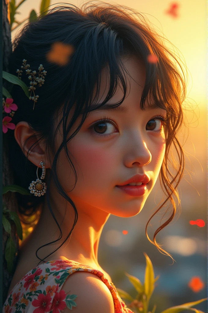 masterpiece, best quality, movie still, 1girl, cloud girl, floating in the sky, close-up, bright, happy, warm soft lighting, sunset, (sparks:0.7)