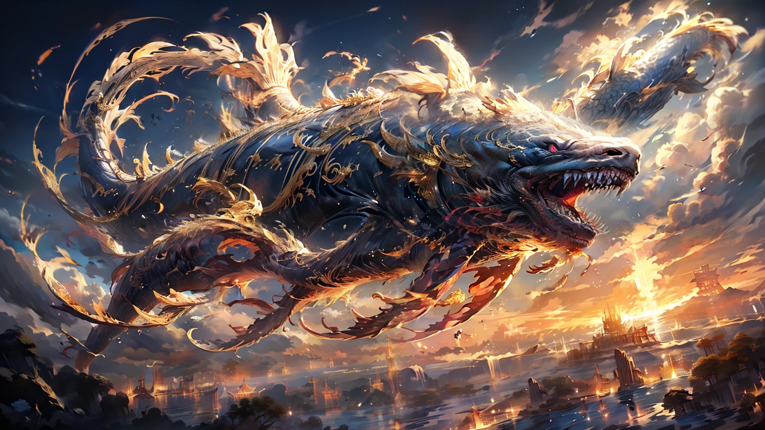 when,masterpiece,  super high definition,  Artwork , 3d, CG,  Unreal Engine 5 , Chinese Mythology,  red carp that dominates the sky with the contrast of giant bodies , side, The big fear, ,  open your mouth, Sharp teeth, thunder,   elaborate details  ,  sparkling sunrise effect ,  Light and shadow effects , Skyscape, Scenery around clouds ,  bright and rich epic contrast style clock ,  inspired by realistic details and character designs from anime, Movie Background,  bright yellow foreground ,  32k extreme low angle perspective 、 create realistic and delicate gold details in the manga .