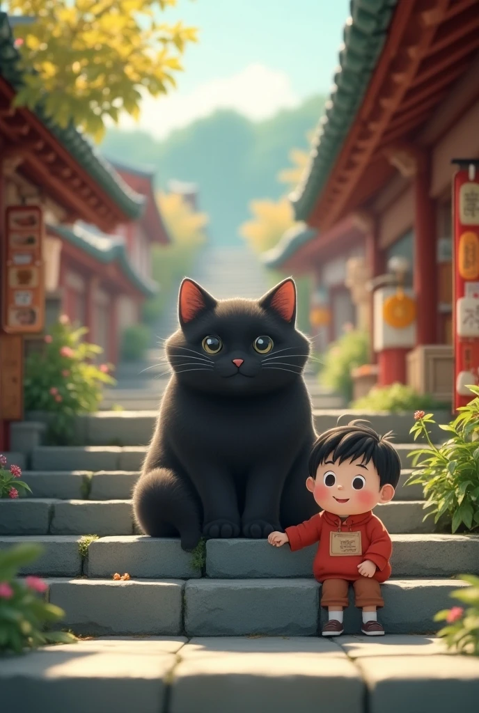 realistic,cat on stone steps,japanese temple stone steps,ren playing on stone steps,chubby black cat supervising ren,cute,sense of happiness,souvenir shops lining the steps,refined design,advanced lighting techniques,8k photorealistic