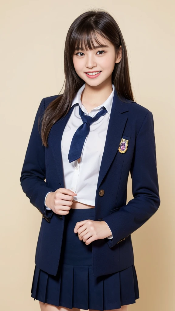 lens: 135mm f1.8, (Highest quality), (Beautiful 14 year old Japanese girl), (Moisturized lips), Narrow eyes, double eyelid, Delicate clavicle, Flat Chest , Embarrassed about my small, undeveloped breasts, smile, (Spotted sunlight: 1.2), Professional Lighting, (Petite figure), (Sunburned skin: 0.2), Full body photo, Full Body Focus, (Standing posture)、A neat and tidy honor student、Slender body、(A with a navy blue blazer:1.5)、Straight Long Hair、Stylish white bedroom、Ribbon on chest、Sweep all your hair back、Bending over with rope、first round,(((Completely naked))), The gesture of taking off a blazer。I can see your chest