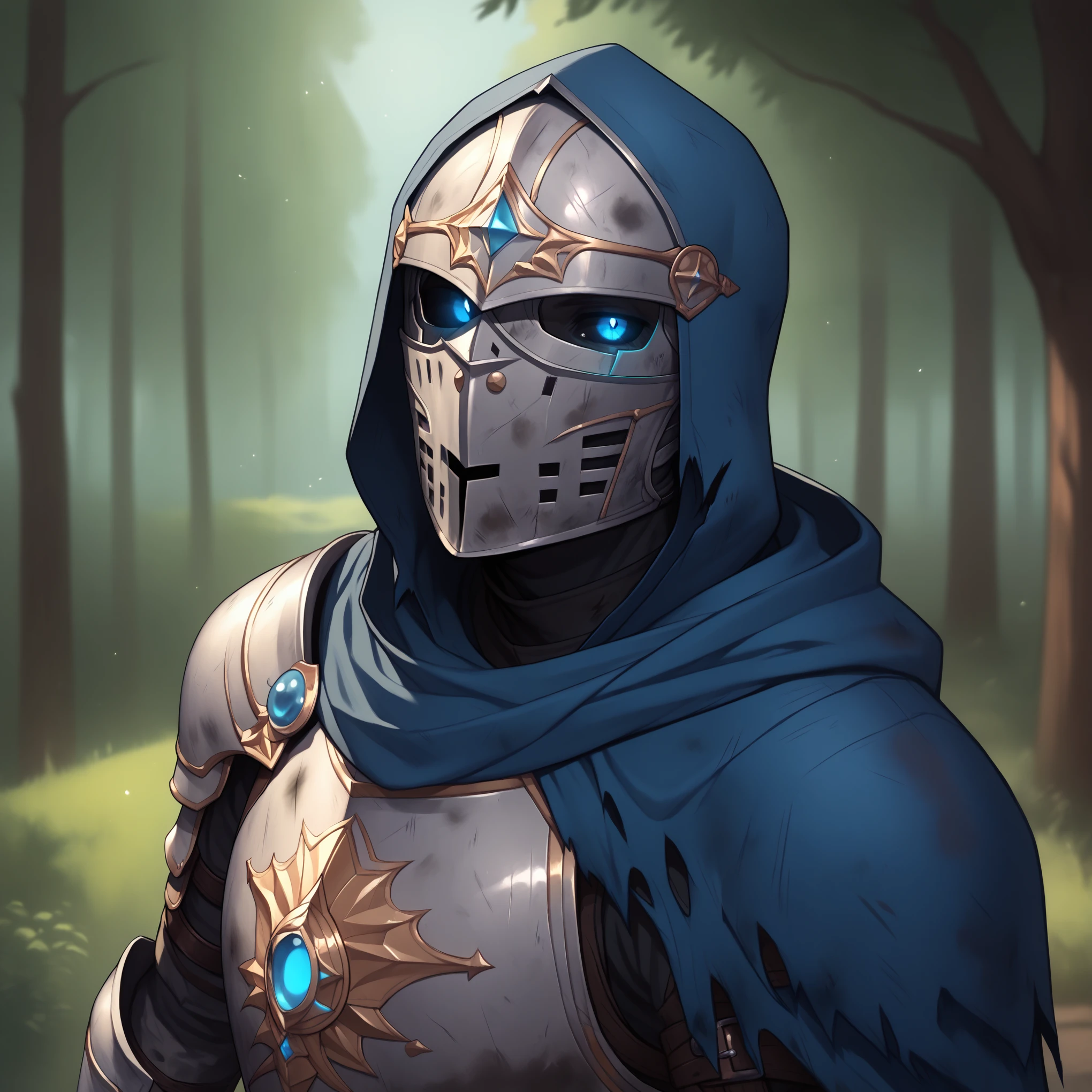 (((beautiful, high quality))), score_9, score_8_up, score_7_up, BREAK, arm0rs3nt1n3l, templar, solo, looking at viewer, 1boy, blue glowing eyes, black sclera, holding, standing, upper body, belt, hood, cape, armor, torn clothes, helmet, hood up, pauldrons, sheathed, breastplate, knight, full armor, dirty, dusty, solo, portrait, upper body, portrait, forest background, fantasy, blurred background, Expressiveh, detailxl