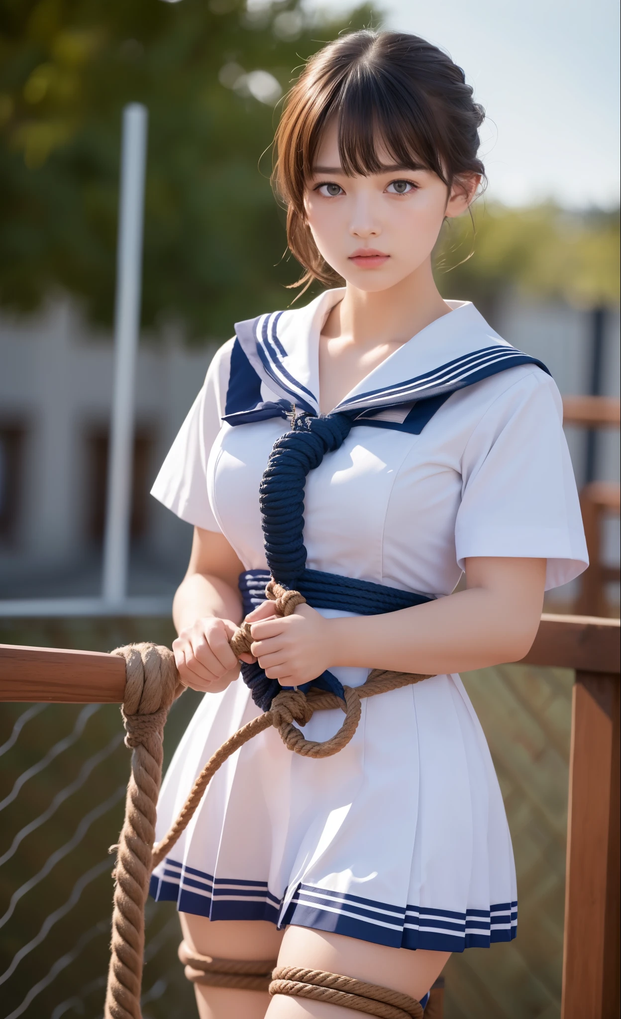 sailor uniform, bound, (Highly detailed CG Unity 8k), (Highest quality)，(Very detailed)，(Ultra-high resolution), 1 female, uniform, ((Sailor suit)), ((Rope Bondage)), Tying a woman&#39;s breasts with rope, Pull your hands back with a rope, Rope attached legs, Thighs tied with rope, Legs tied with rope, ((Tie your wrists behind your back)), Ankle binding, gag, Navy Blue Skirt, Black Hair, Bobcut, BDSM, Bust Shot, ((White headband)),