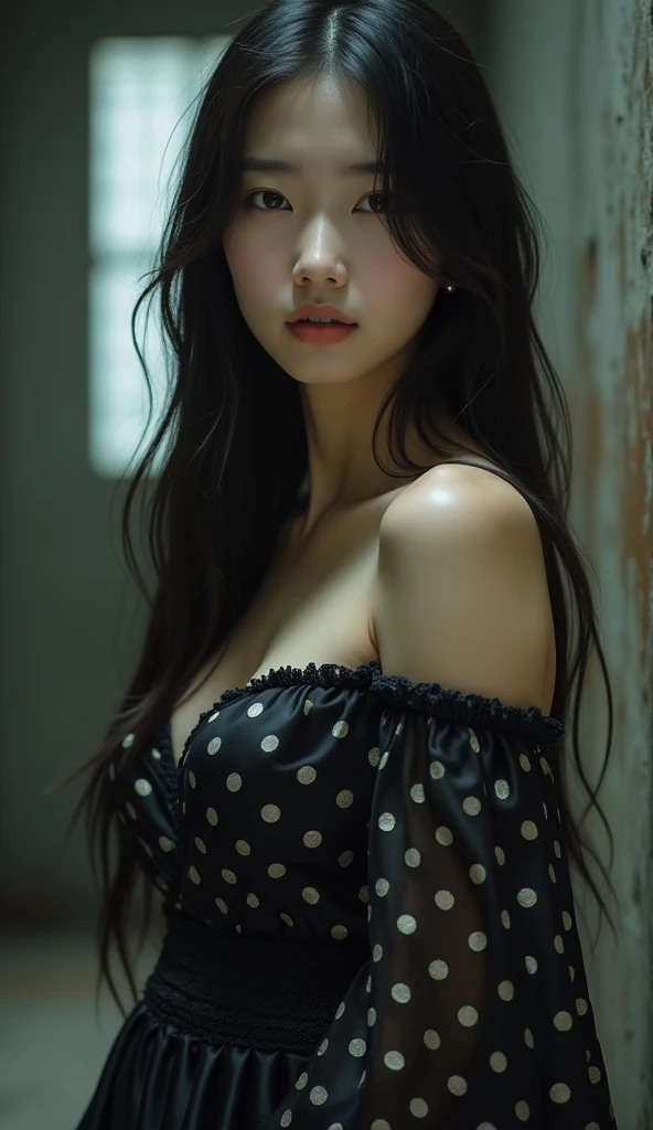 Best quality, masterpiece, ultra high res, (photorealistic:1.4), raw photo, 1girl, offshoulder, in the dark, deep shadow, low key, cold light