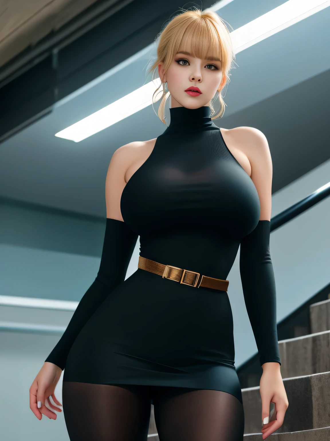 4K Quality, High Resolution, (Realistic photo:1.2), (Raw photo:1.2), Very detailed, Absolute masterpiece, Beauty smooth skin, (Huge breasts:1.3), Lip make-up, Blond, Bangs, Updo for short, Ultra pretty girl, She's intimidating,
From below, Crotch is in the frame, Staring, Charms with gaze, Looking at the viewer,
Tight-fitting nitted dress, Turtle-neck, Bare shoulder, Sleeveless, thin belt, Tights,
Pedestrian bridge, Stairs, Going down