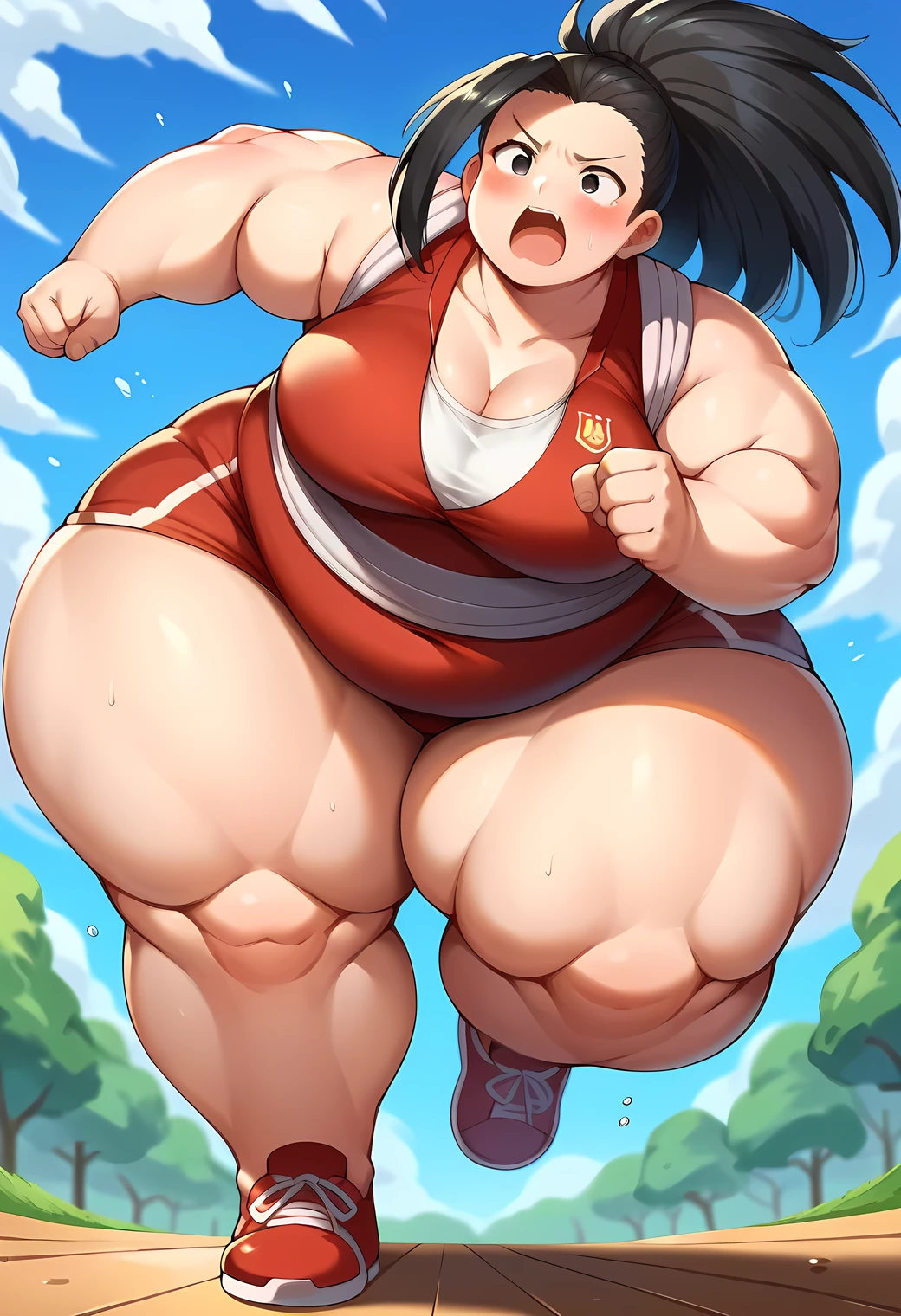 score_9, score_8_up, score_7_up,
BREAK
source_anime,
BREAK
momoyaoyorozu, yaoyorozu momo, black eyes, black hair, long hair, blush, ssbbw , running, obese, gigantic arms and legs 
 