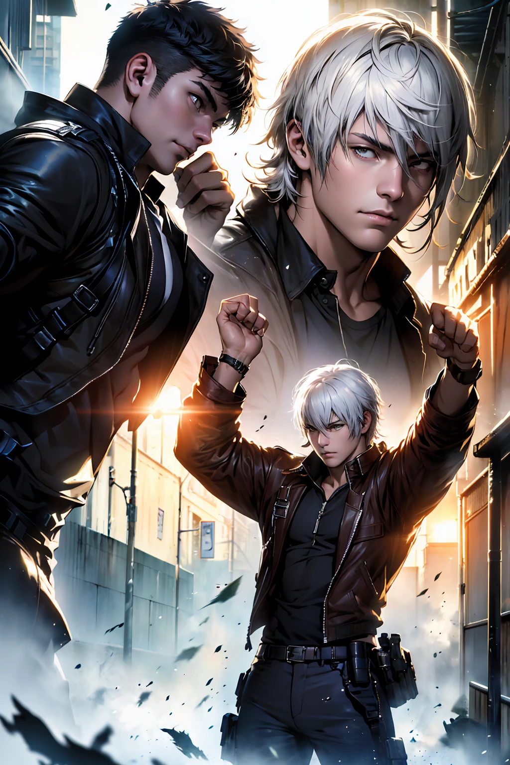 "Please depict a realistic Satoru Gojo, around 22 years old. He is a character from 'Jujutsu Kaisen,' and we are looking for a dynamic and energetic scene. Satoru Gojo is characterized by his white hair, vivid blue eyes, black bandages covering his eyes, and a black coat. Illustrate a scene where he is manipulating numerous curses in battle, gracefully moving through the air, or swiftly subduing his enemies. The background should feature either a nighttime cityscape or a ruined city, creating a composition that conveys intense movement and energy."