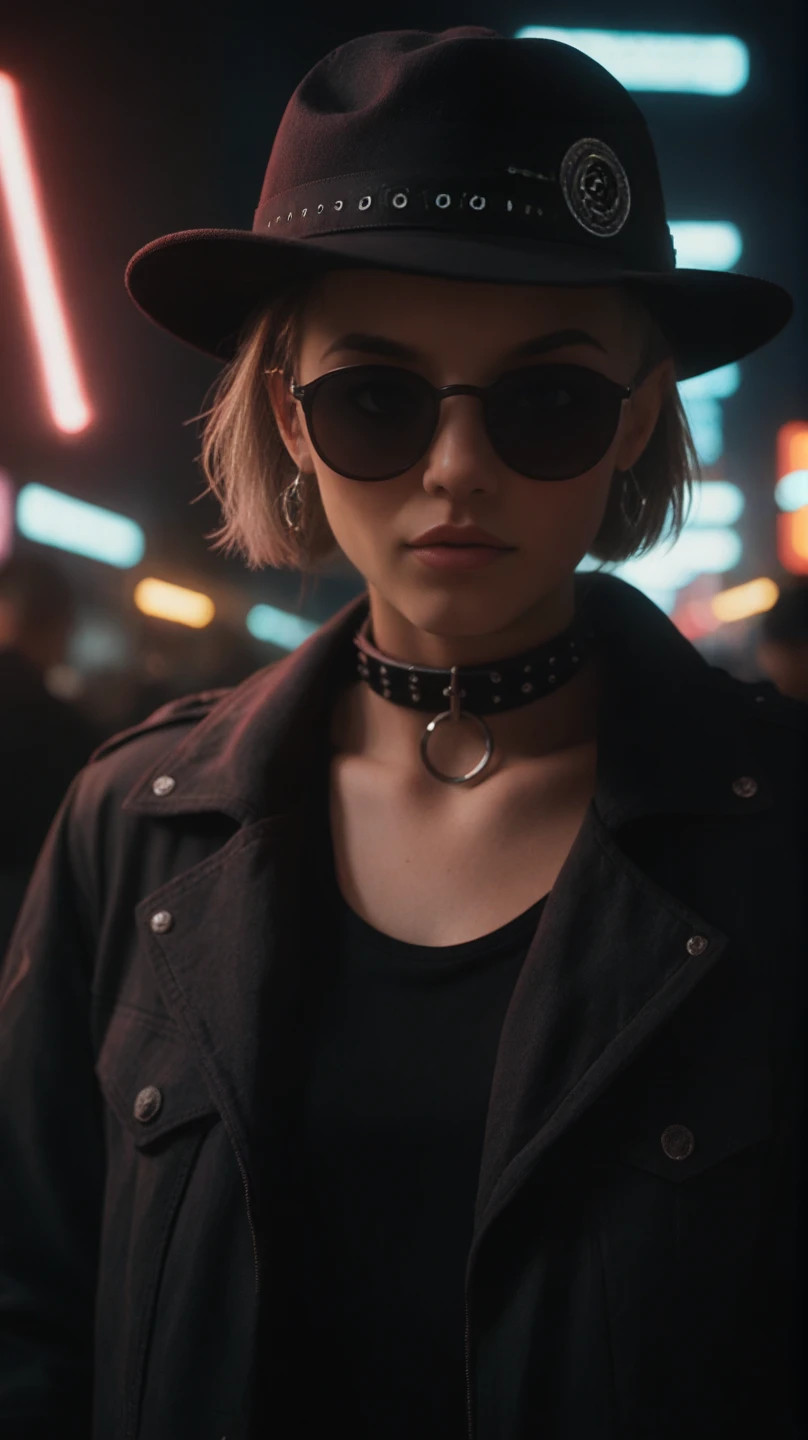 Close-up do rosto, Alternative girl,  looking over black sunglasses, jacket, collar,  neon light reflections on the skin, earring, makeup,  skin imperfections ,  short hair, hat, neon light background , low light,  depth of field ,  highly detailed , High contrast,  movie grain,  edge lighting , Long exposure, dslr