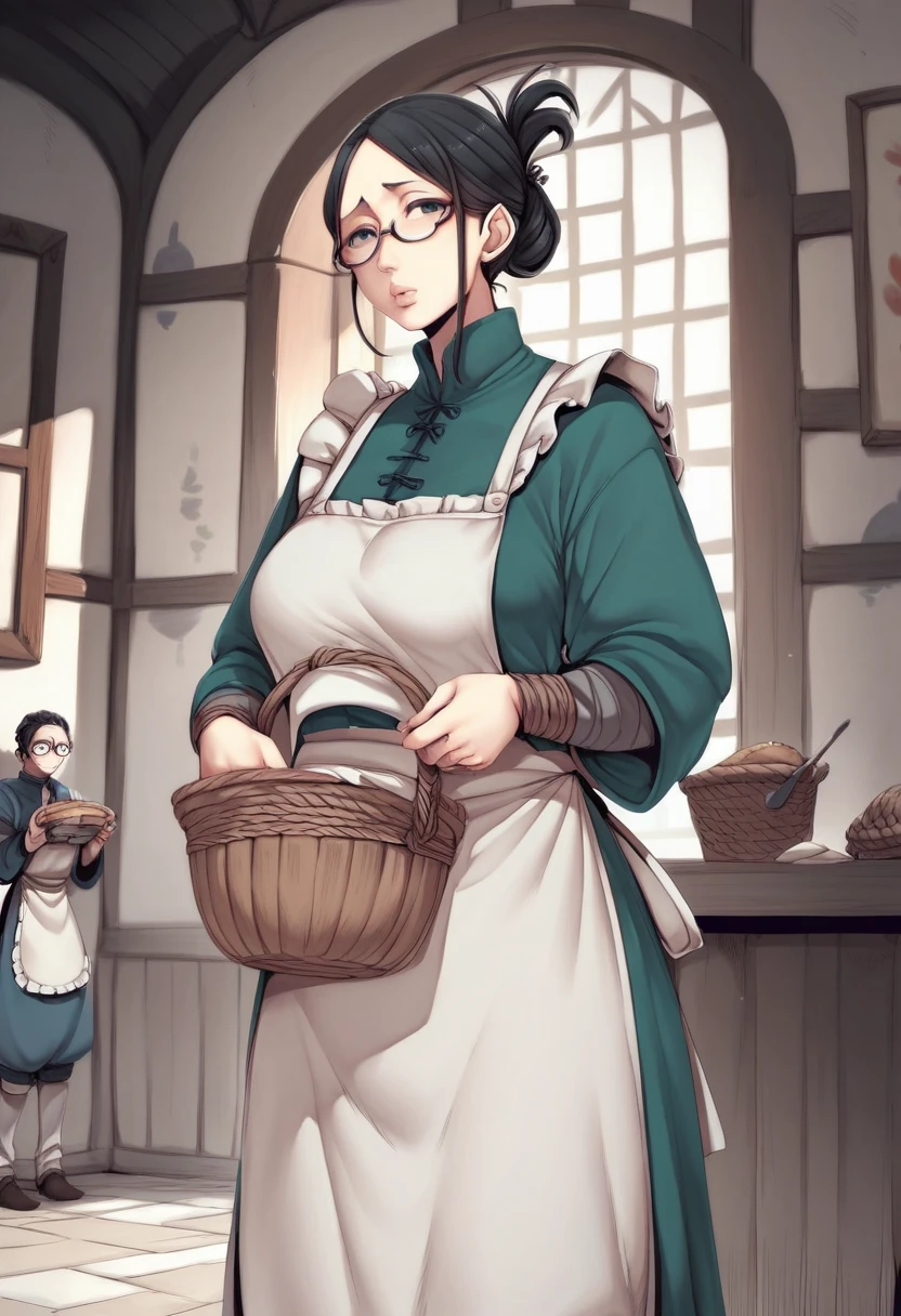 Nakamura regura face Style,Woman, black hair, glasses, hair tied up, White apron,Painting style art, medieval clothing,Big_, chubby figure, Holding a basket with both hands ,Black eyes, Full lips,inside a medieval house 