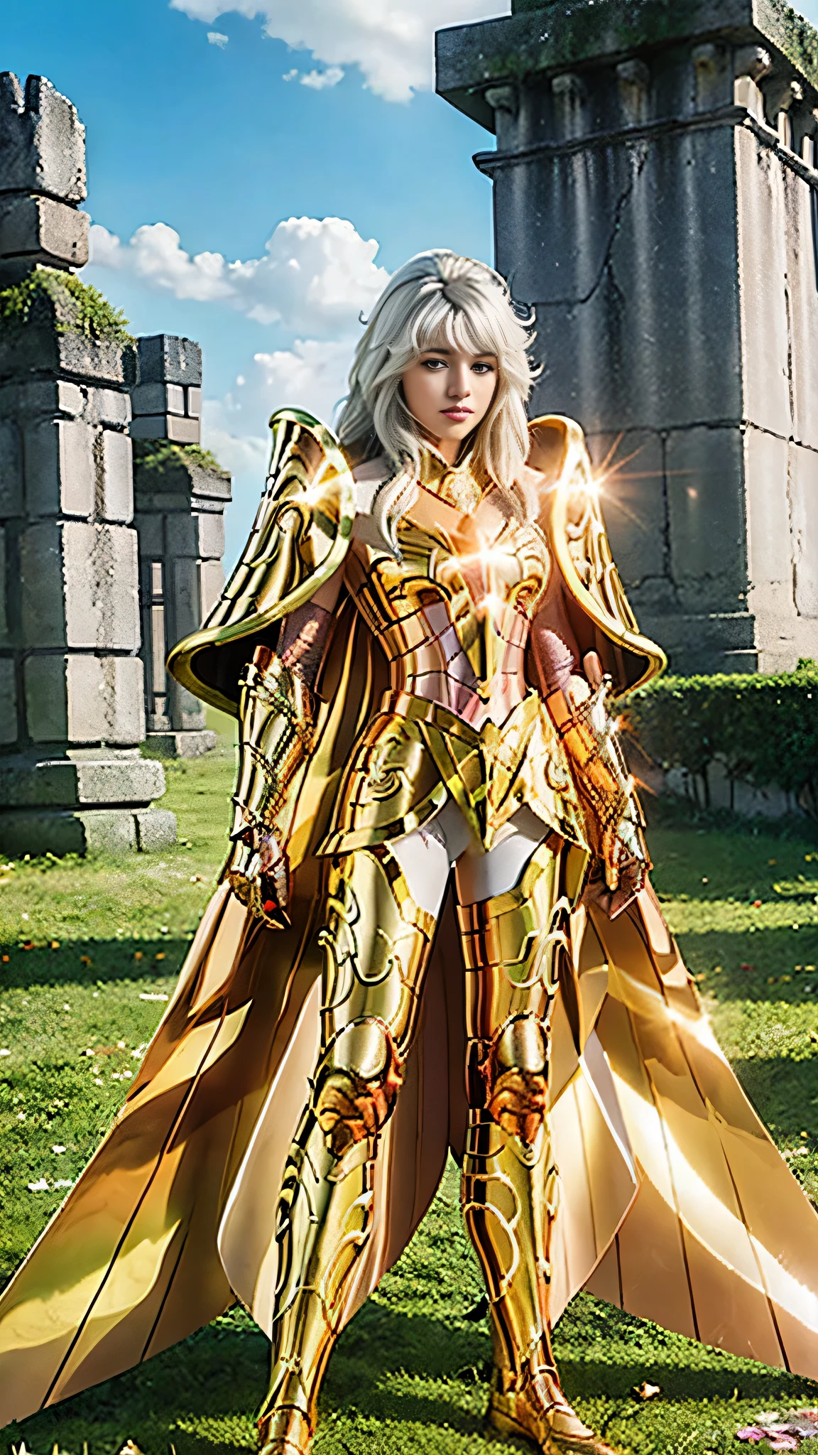 Ultra high saturation（masterpiece）， Full body photo，（The best quality）， （1 girl），White hair,  Wearing a shiny golden armorSexy lingerie type armor，expose your chest，Expose the waist，Exposing the thighs，Pose genial， Saint Seiya Armor， messy hair，High detail, anime style, cinematic lighting, Shine, Light of God, ray tracing, film grain, HD Hypertelevision, skin texture, Super detailed, Anatomically correct, A high resolution，yellow eyes, Ultra high saturation，high contrast，High gloss armor，soft leather，An insidious smile，lying realistically，（masterpiece，Quority superior，The best quality，official art，Beauty and aesthetics：1.2），He is very detailed，s fractal art，extremely colorful, breasts, big breasts, 