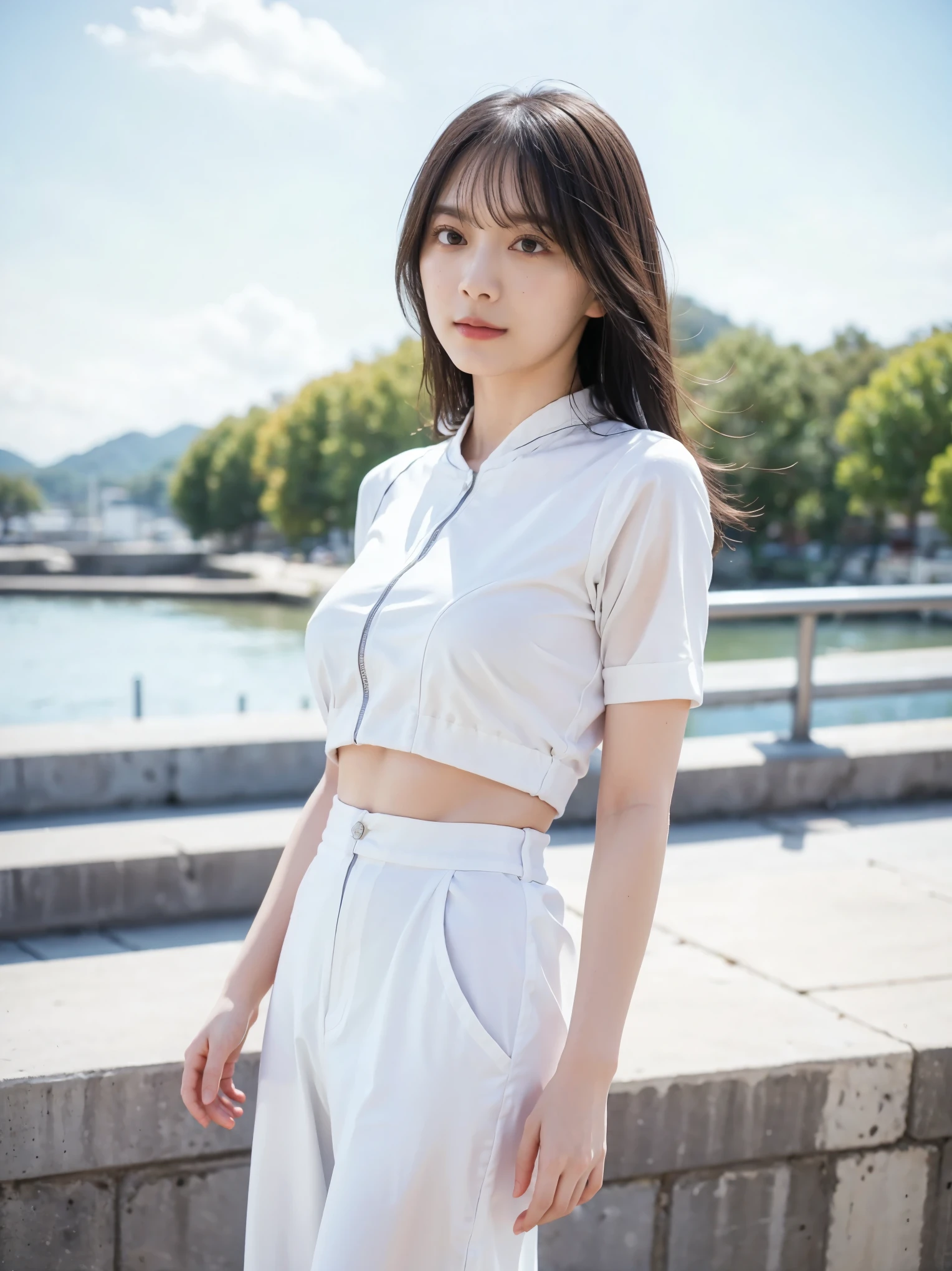 wearing a beautiful white jumpsuit 、 of Japan and South Korea with long black hair Low angle photo of a girl 。 posing outdoors in a clear blue sky and occasional white clouds . She is wearing a white crop top showing her chest and zigzag pattern, and light denim shorts , Sexy Doll. big, tight breasts (( Anatomically Accurate , )) body and texture accuracy and realism (( Super detailed )) with maximum detail , feeling calm and free . she looked up at the sky in a relaxed pose , Not Looking at Camera , Camera angle from a low angle to capture the background sky and clouds . The overall style was bright and warm . Feeling autumn in summer 、 accurate and realistic body and texture (( ( super high definition))) highest image standards World Award winner