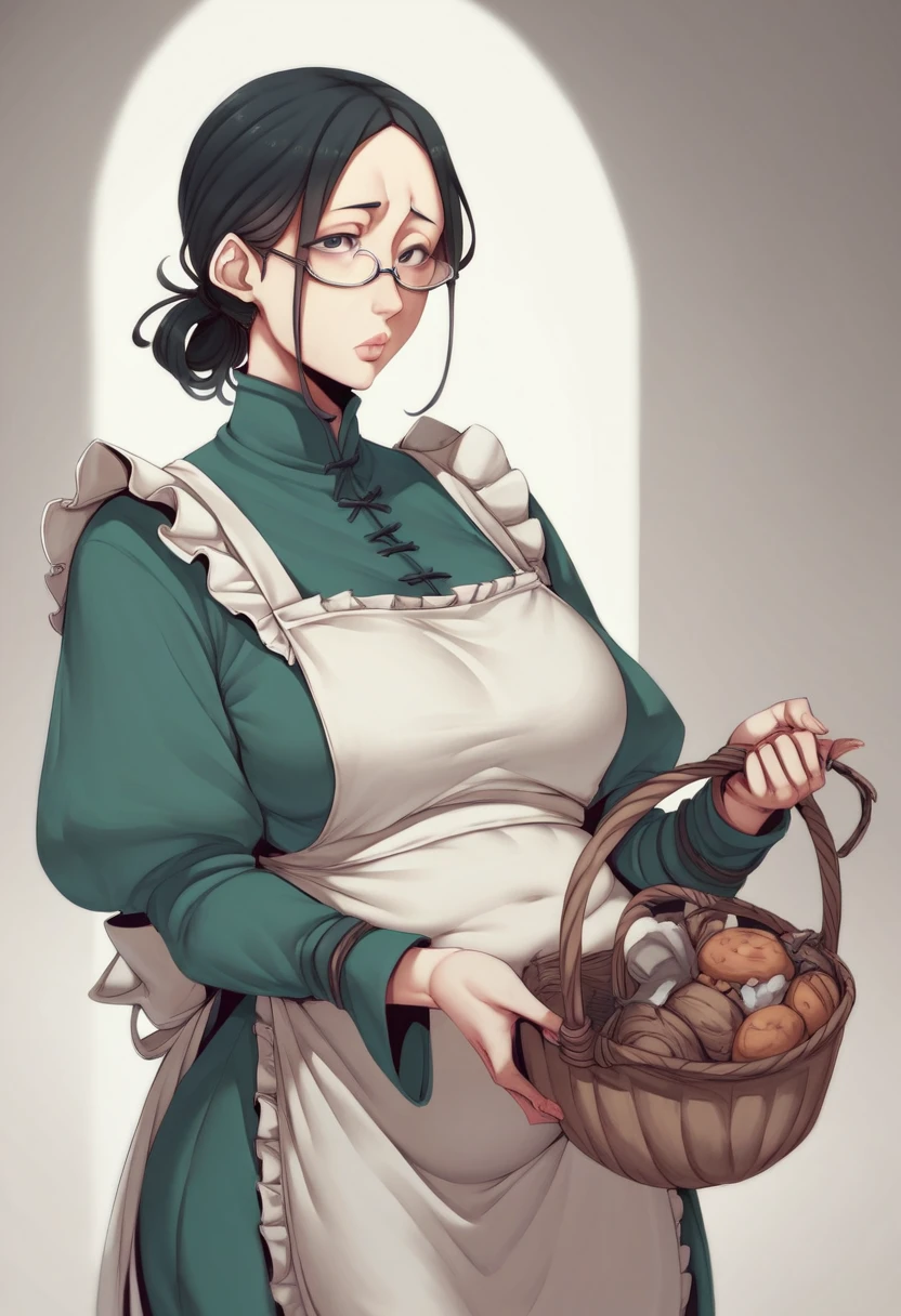 Nakamura regura face Style,Woman, black hair, glasses, hair tied up, White apron,Painting style art, medieval clothing,Big_, chubby figure, Holding a basket with both hands ,Black eyes, Full lips