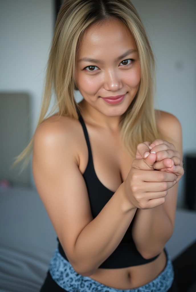 an Asian girl, blonde hair, wearing gym clothes, posing sexy, very detailed, Innocent face, High resolution, masterpiece, best quality, intricate details, very detailed, sharp focus, detailed skin, Realistic and Hauttextur, texture, eyes detailed, professional, 4k, charming smile, shot with Nikon, 85mm, Shallow depth of field, Kodak Vision Color, Perfectly fitted body, double D bust, extremely detailed, Photo_\(ultra\), photorealistic, Realistic, Post-processing, maximum details, roughness, real life, ultraRealistic, photorealism, Photo, 8k UHD, Photo