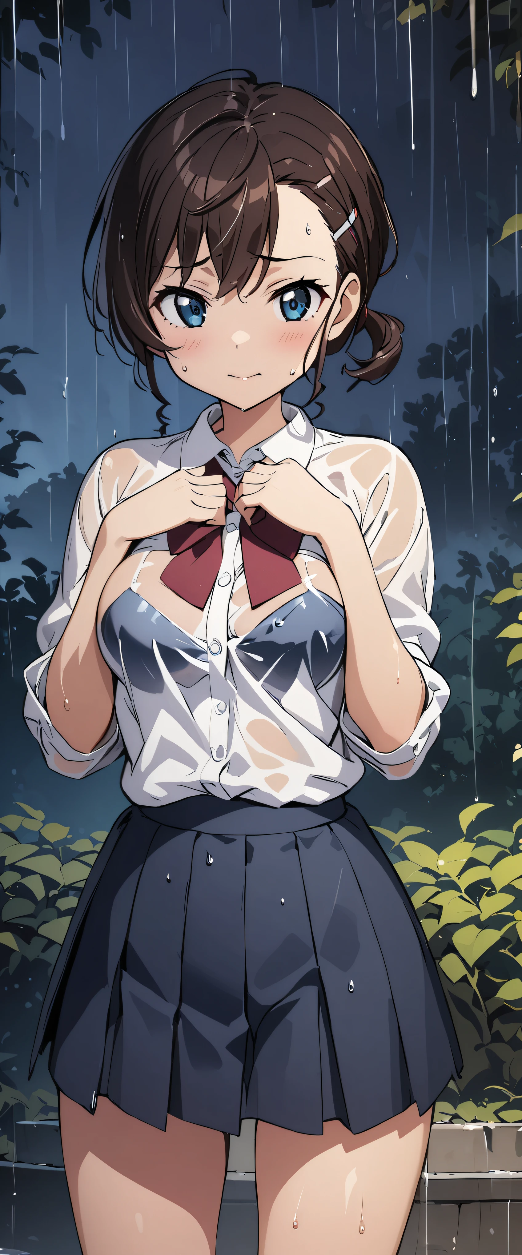 score_9, score_8_up, score_8, 1girl, my hero academia, my hero academia anime style, ochaco uraraka, ochako uraraka, red necktie, white shirt, wet clothes, green pleated mini skirt, see through shirt, raining, suburban side walk, overcast day, grimace, o, pout, pursed lips, nipples, wet skin, upper body ,score_7_up,score_6_up,masterpiece, ,cartoon