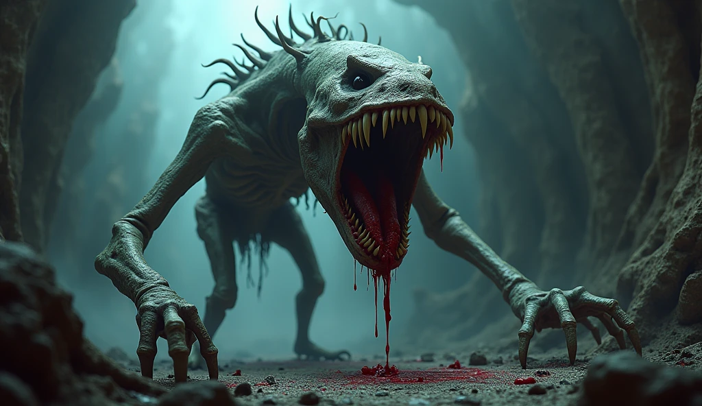 reelhorror, <lora:weirdreelhorror_v1_2:1> humanoid, dog, dismembered, multiple arms, open mouth, tongue, teeth, flesh, drooling, looking at viewer, lying, blood, tentacles, injury, realistic, death, corpse, indoors, trash, pov scene, pov, horror,