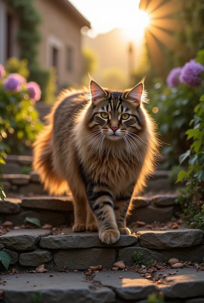 Realistic, theme is "Cat on stone steps", stone steps of a European wine farm, a stylish cat walking slowly on the stone steps, a Norwegian Forest Cat, on the stone steps lit by the morning sun, the sky is brightening white, a refreshing morning scene, sophisticated design, advanced lighting technology, real photo 8K quality